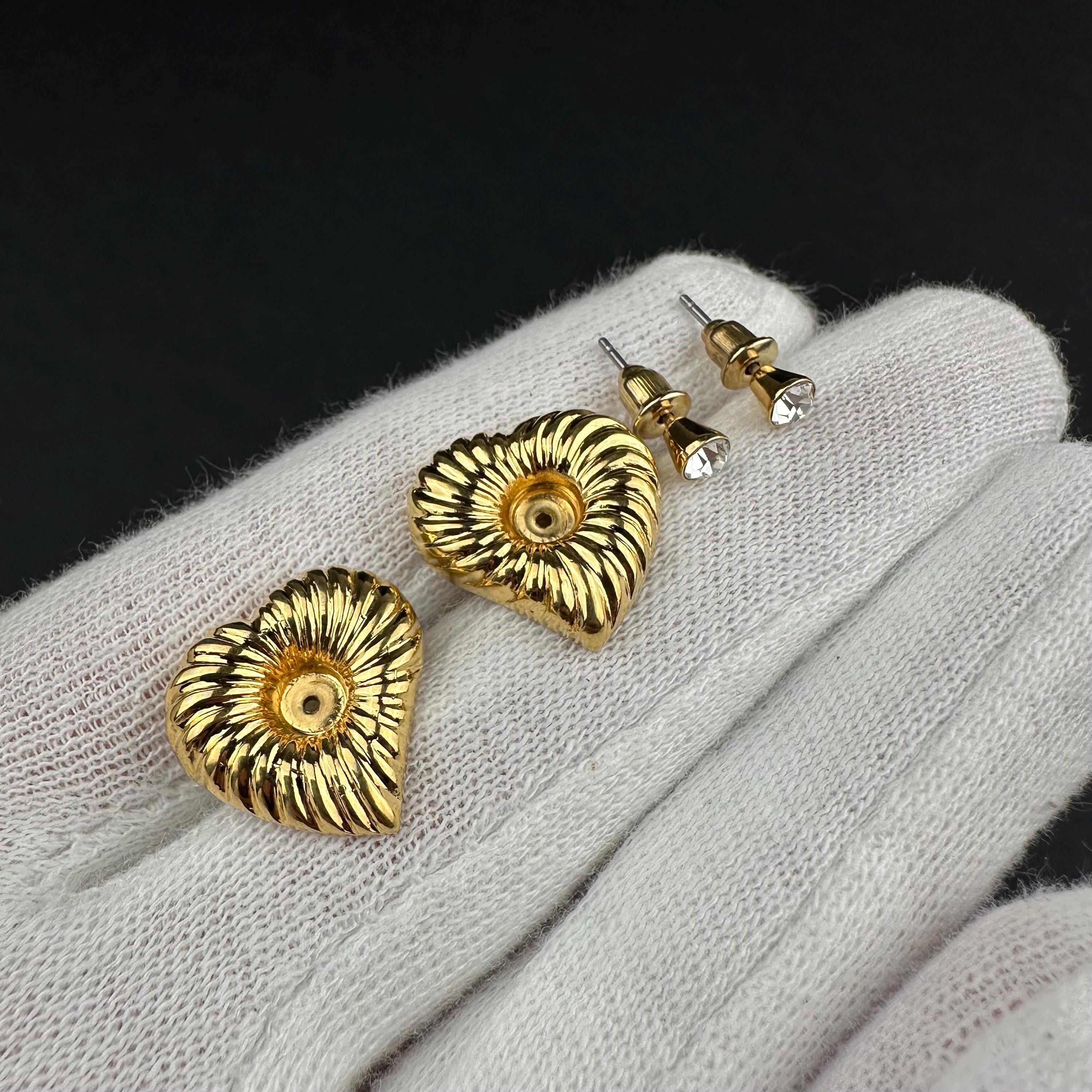 Vintage gold-tone heart earrings with rhinestone studs, 2-in-1 Design