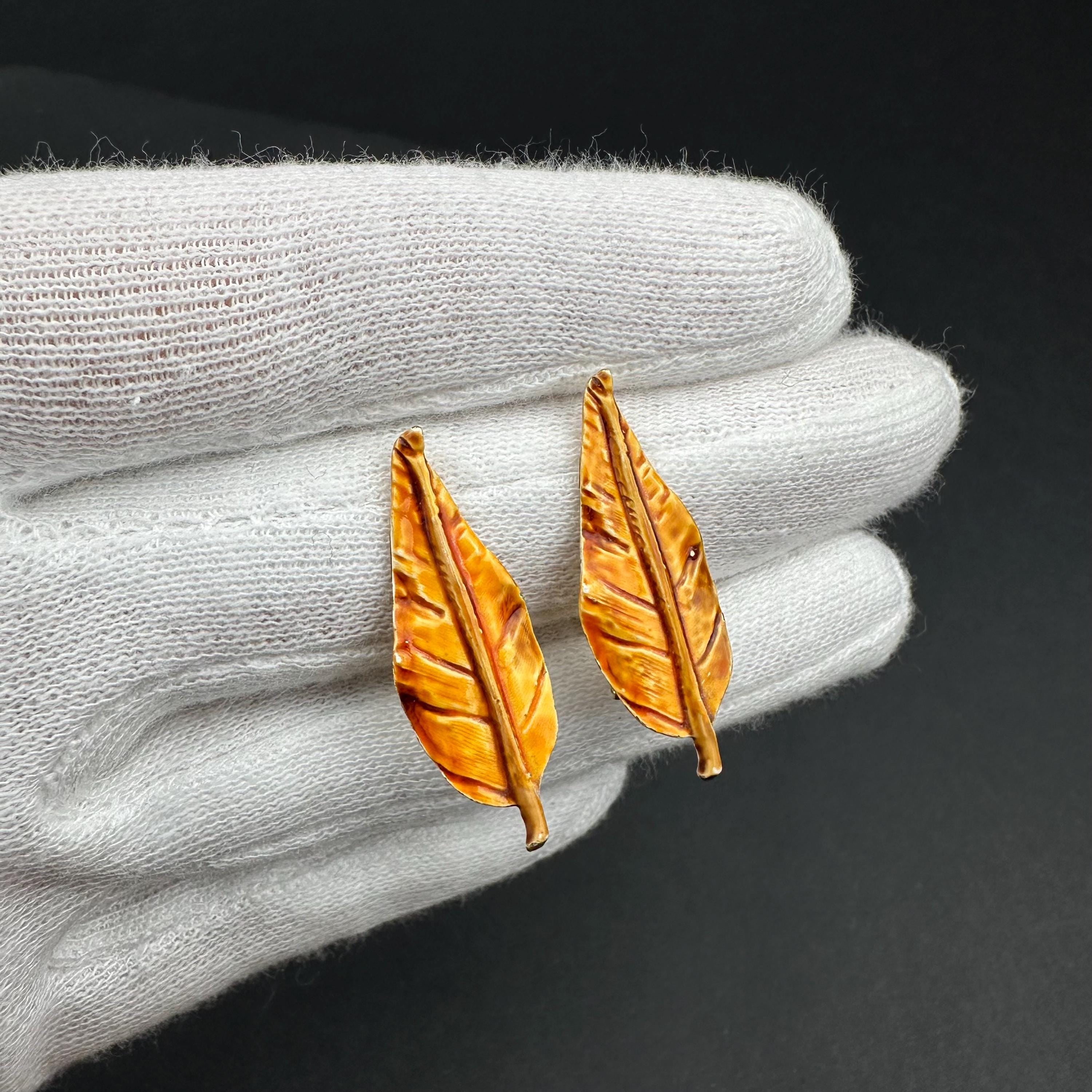 Vintage orange enamel leaf jewelry set