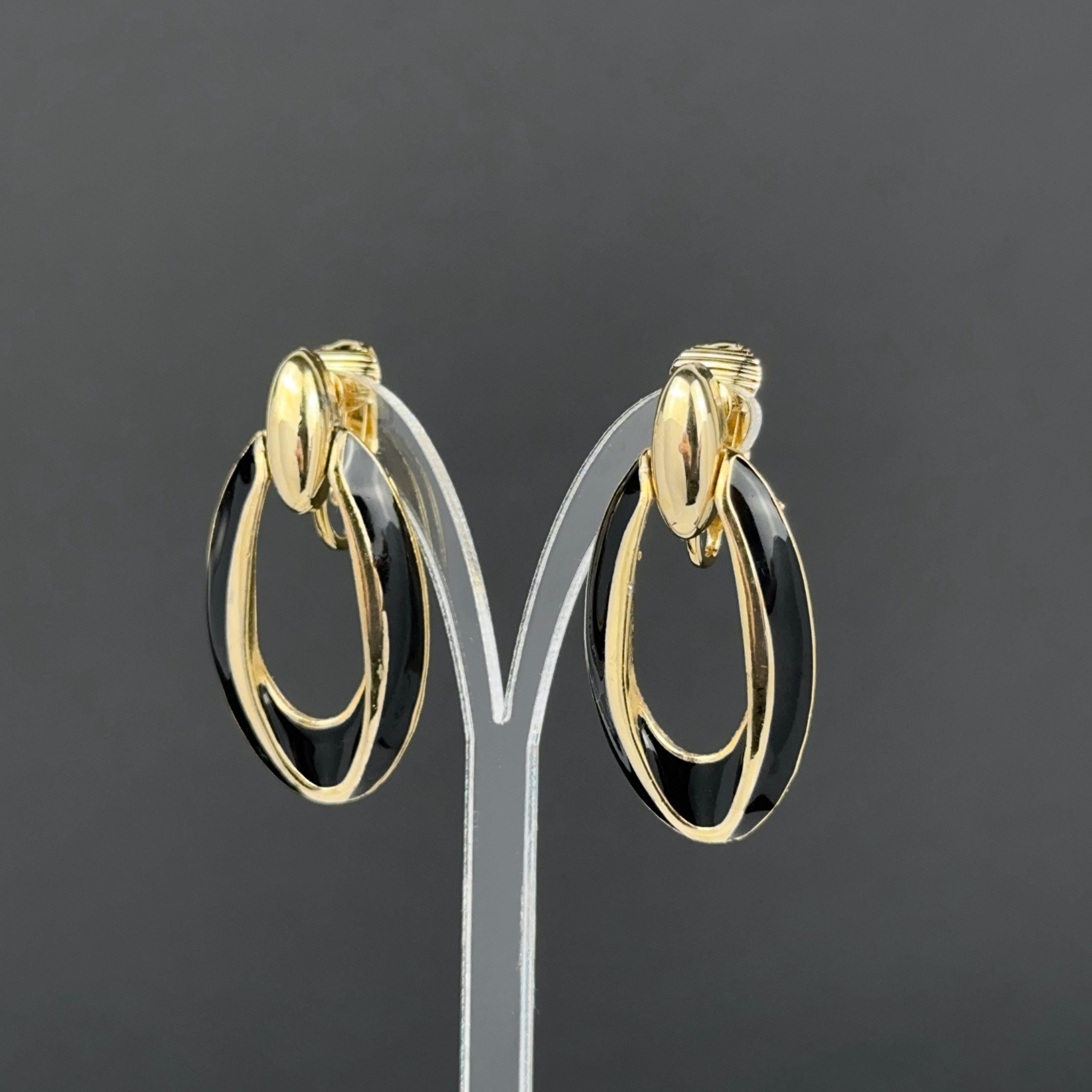Vintage gold tone and black enamel door knockers clip on earrings