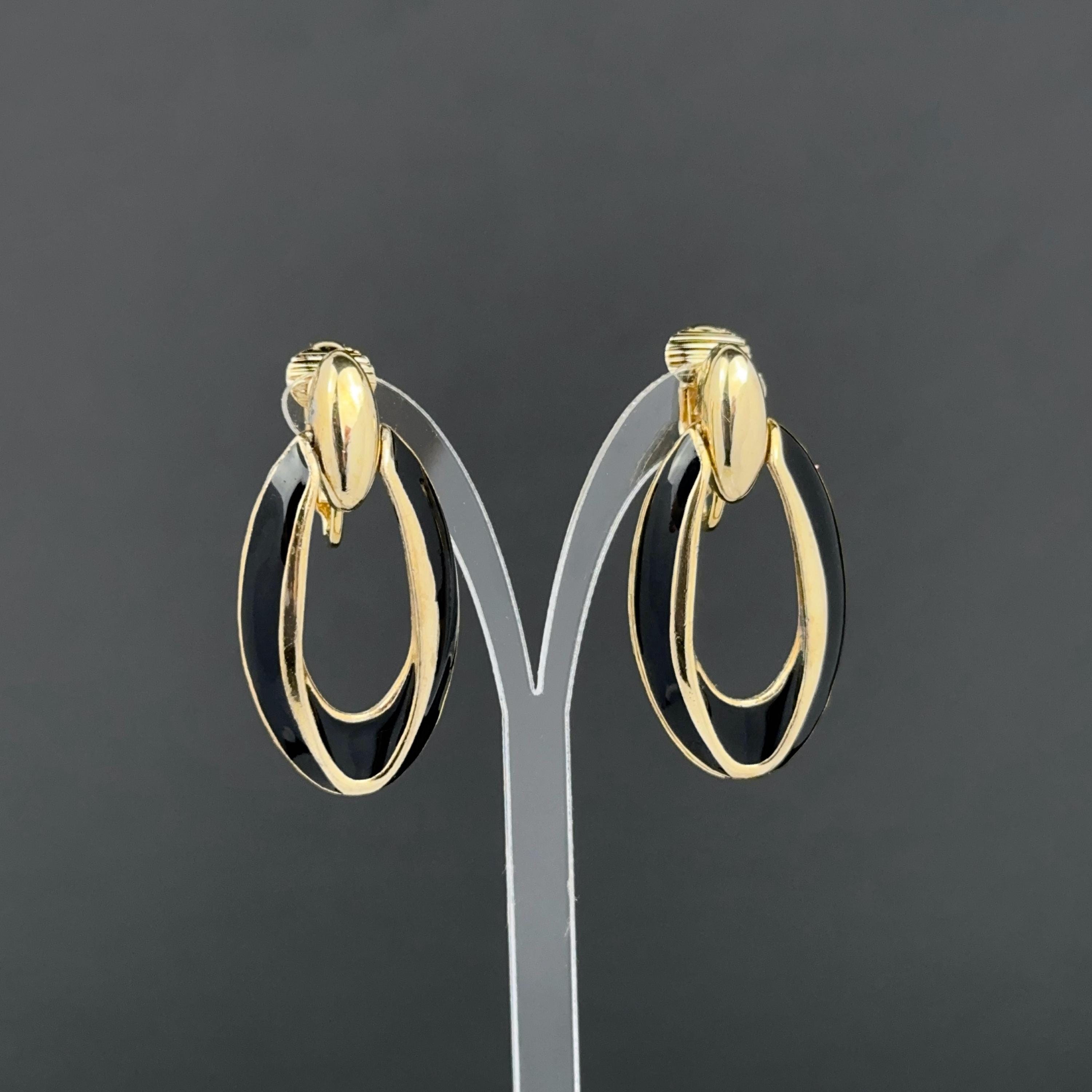 Vintage gold tone and black enamel door knockers clip on earrings