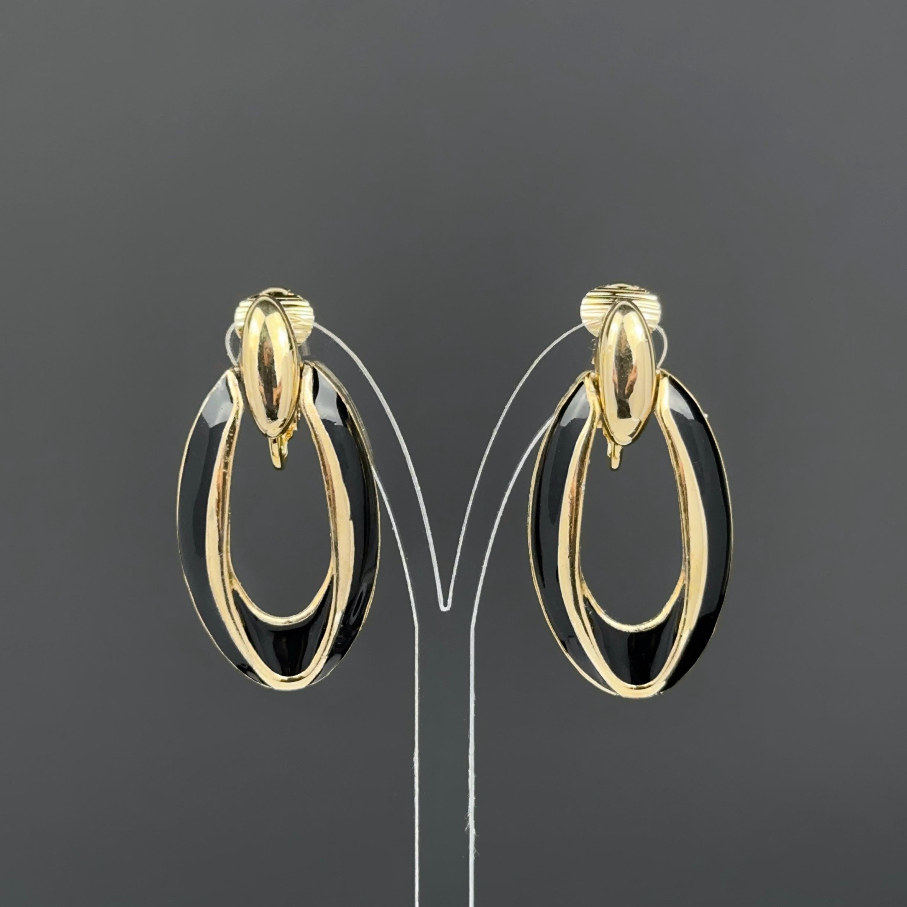 Vintage gold tone and black enamel door knockers clip on earrings