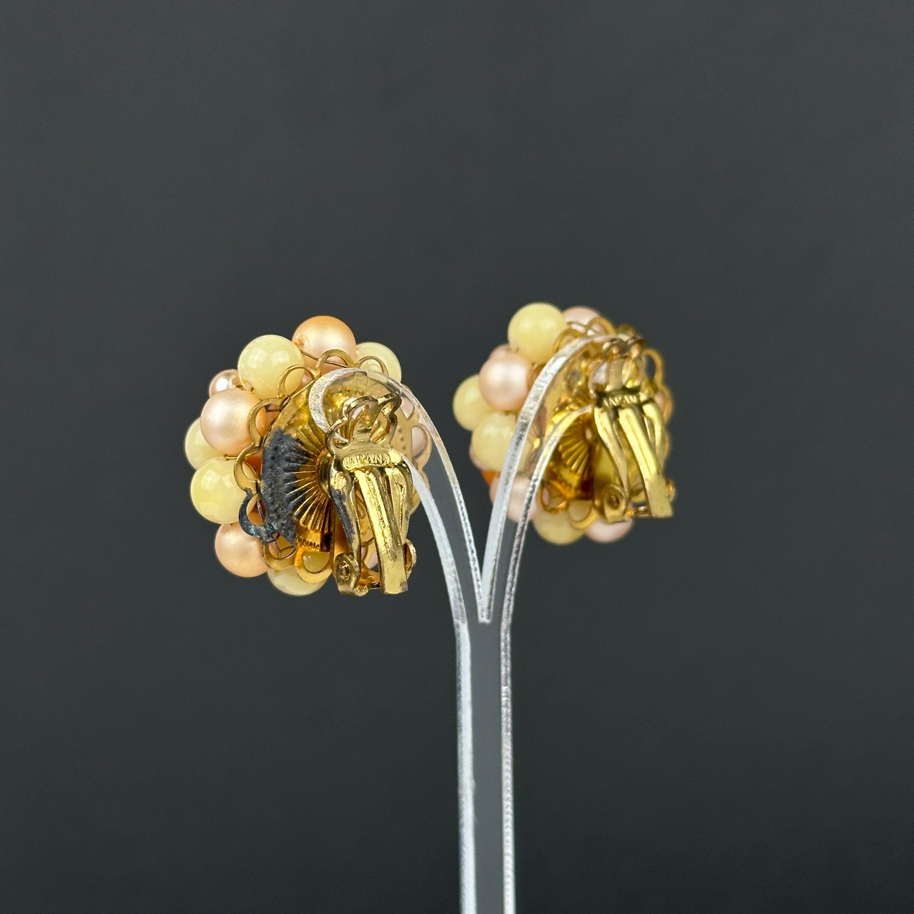 Vintage Japan peach & yellow beaded clip on earrings