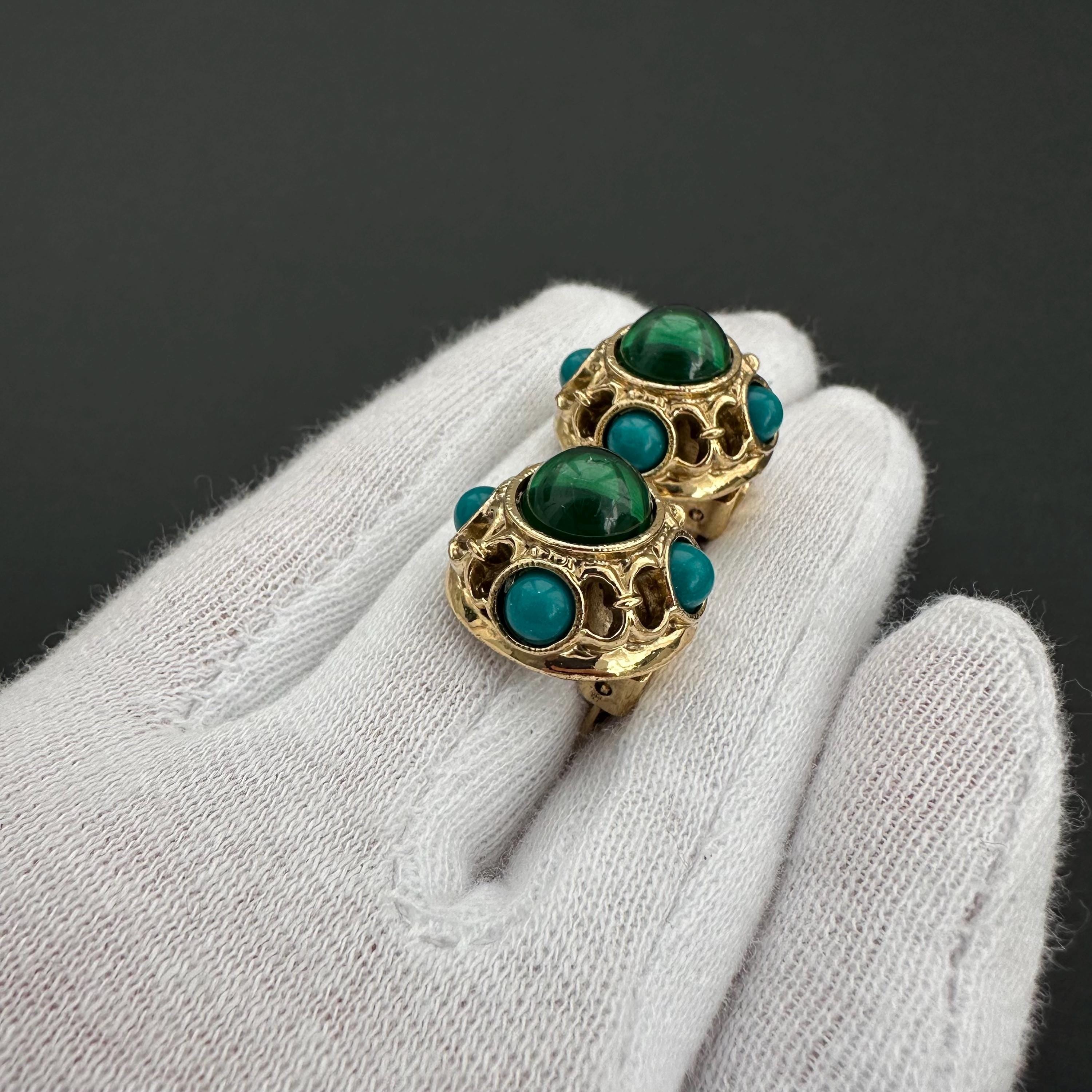 1928 Vintage Clip On Earrings: Emerald Green & Gold Tone