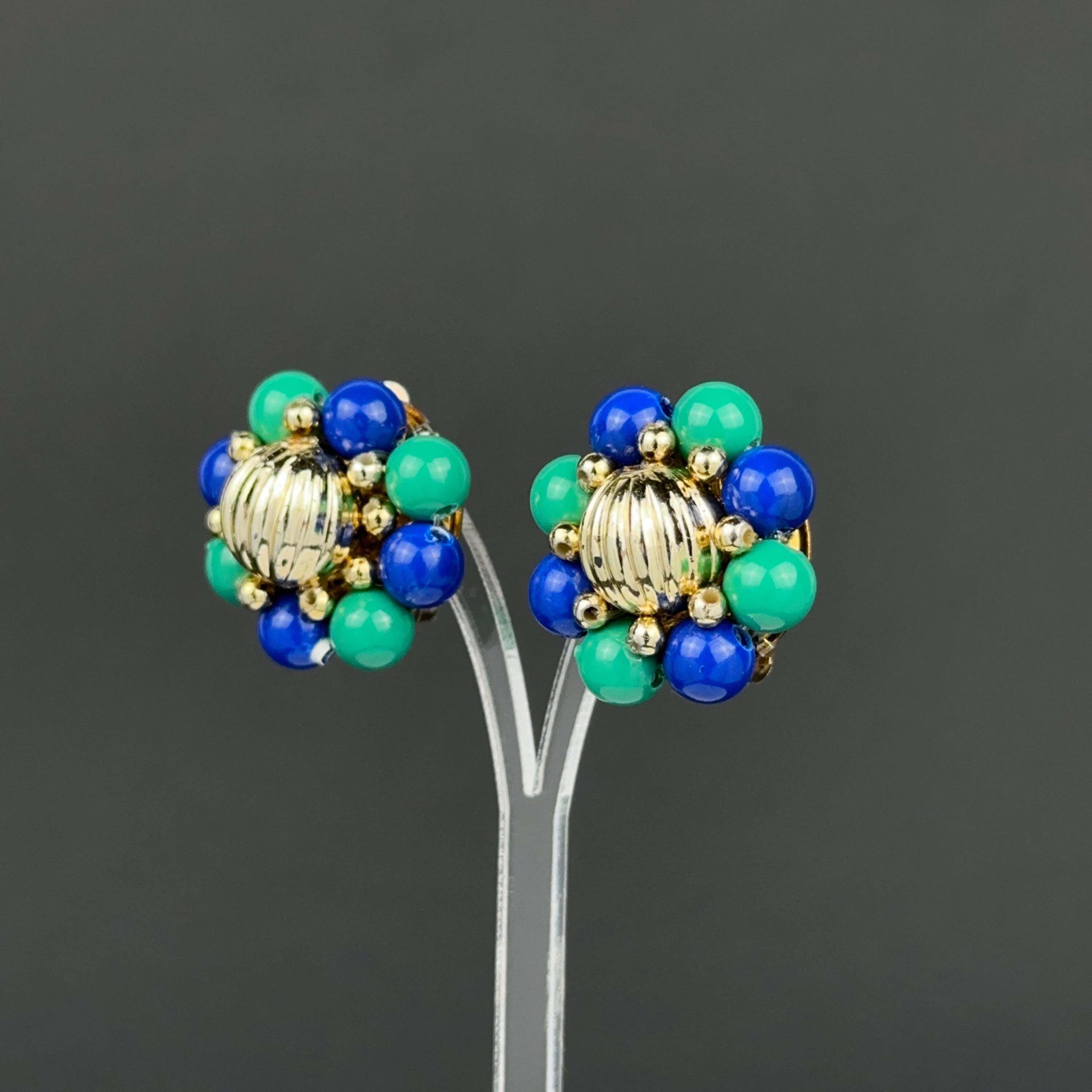 Vintage blue & green bead flower clip-on earrings