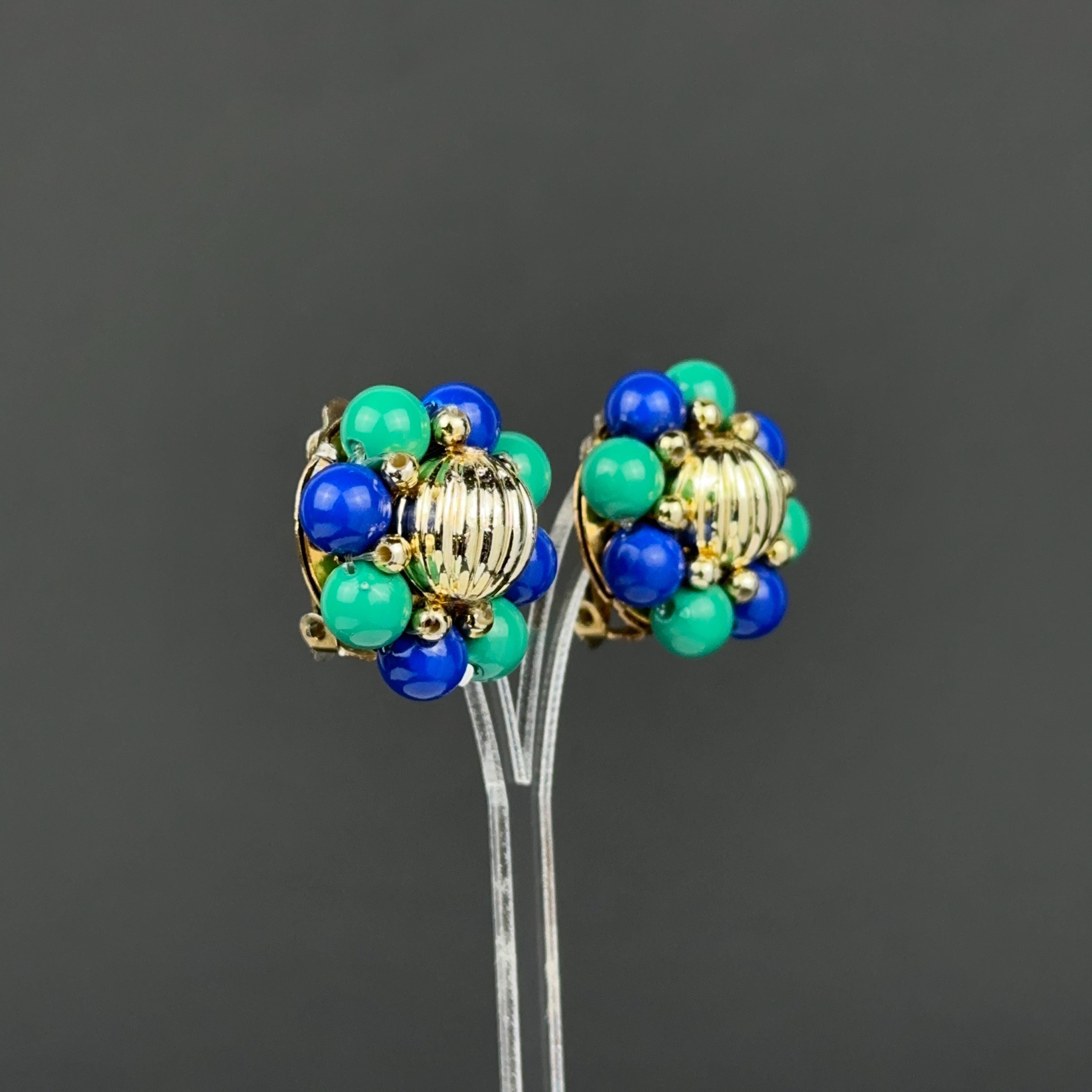 Vintage blue & green bead flower clip-on earrings