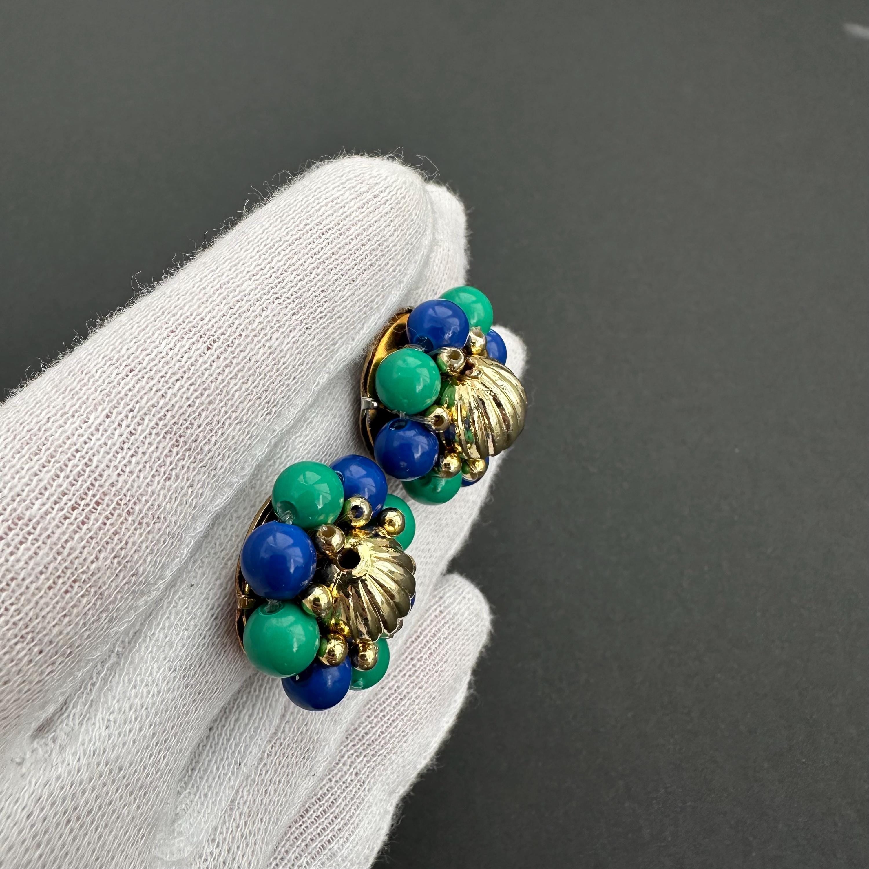 Vintage blue & green bead flower clip-on earrings