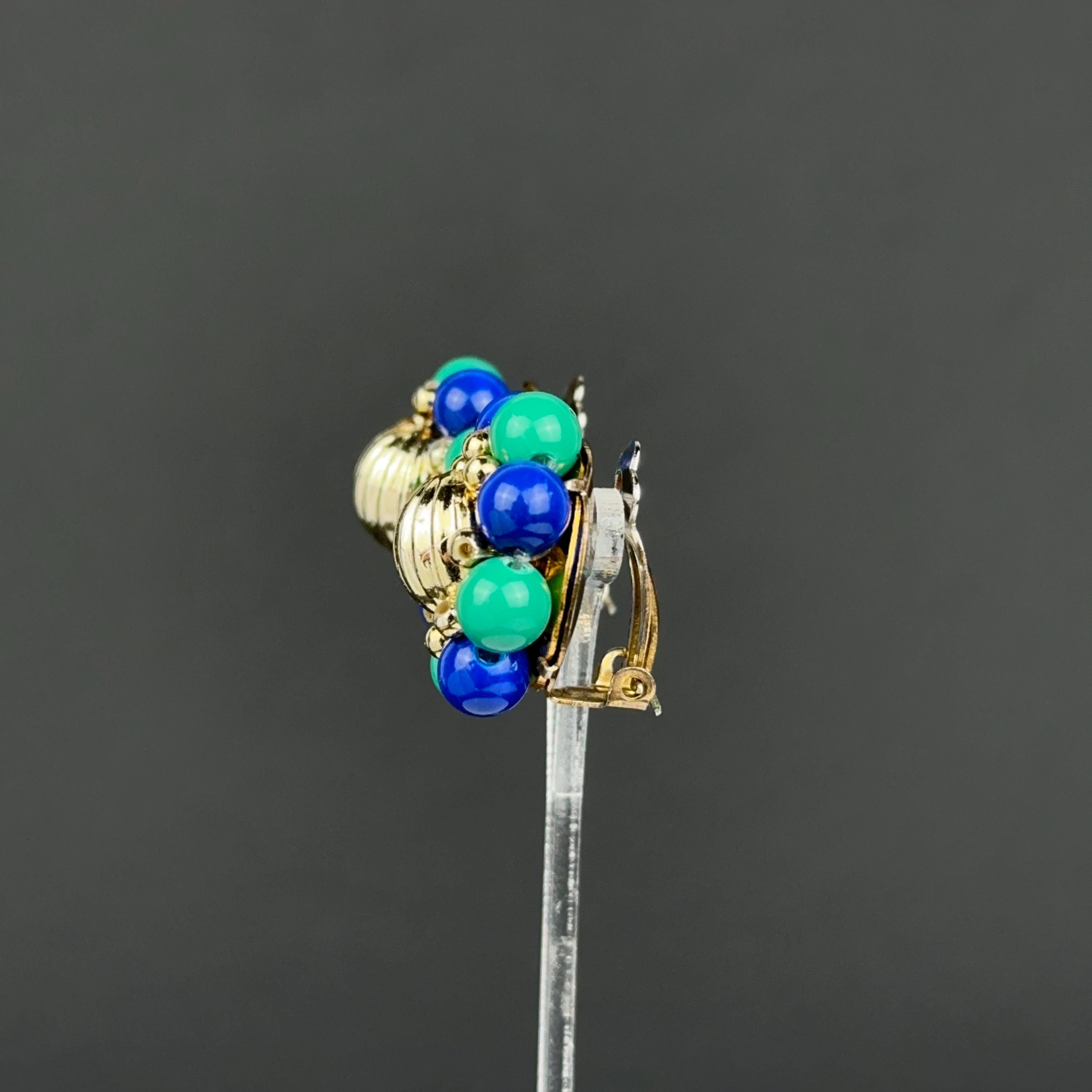 Vintage blue & green bead flower clip-on earrings