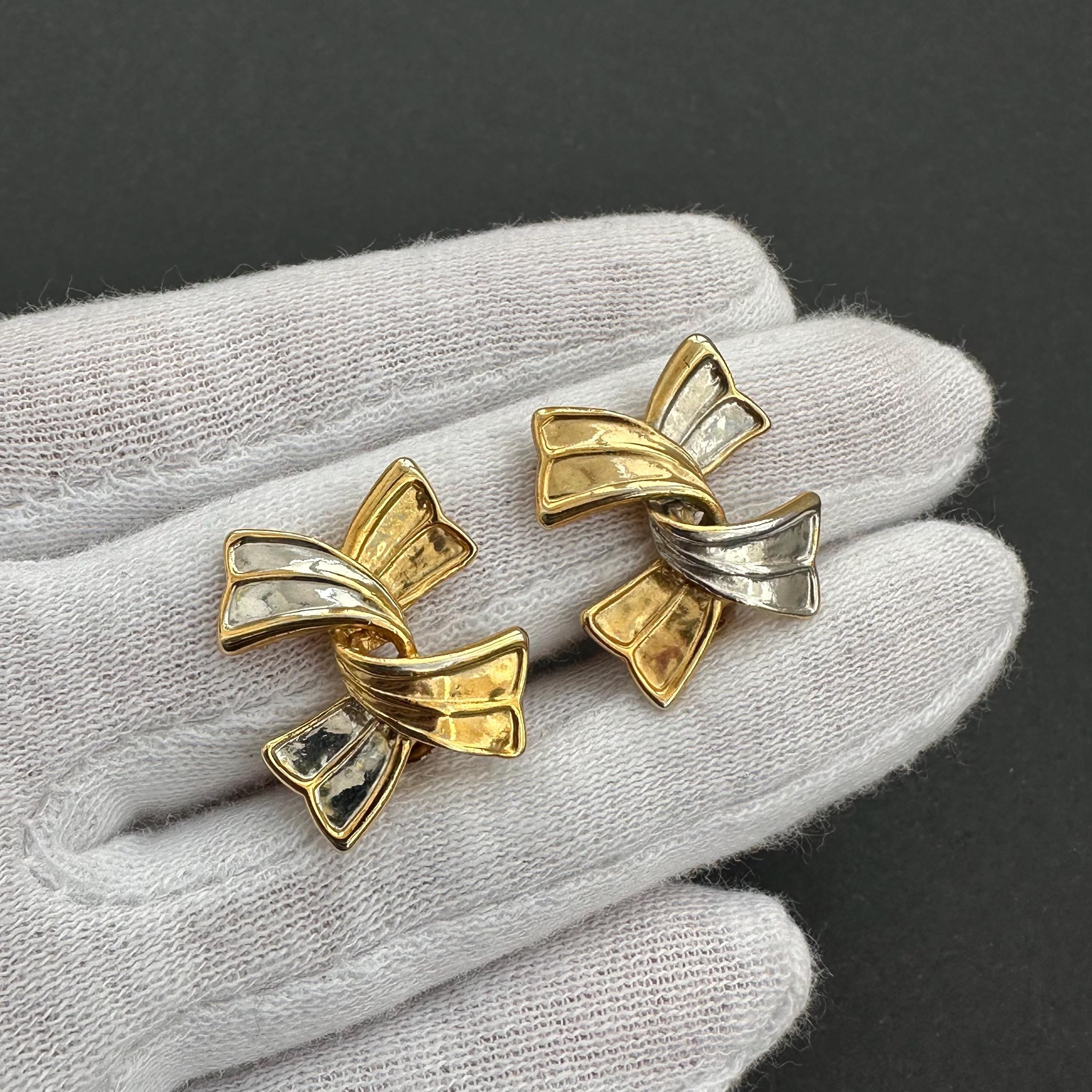 Vintage two-tone bow clip on earrings