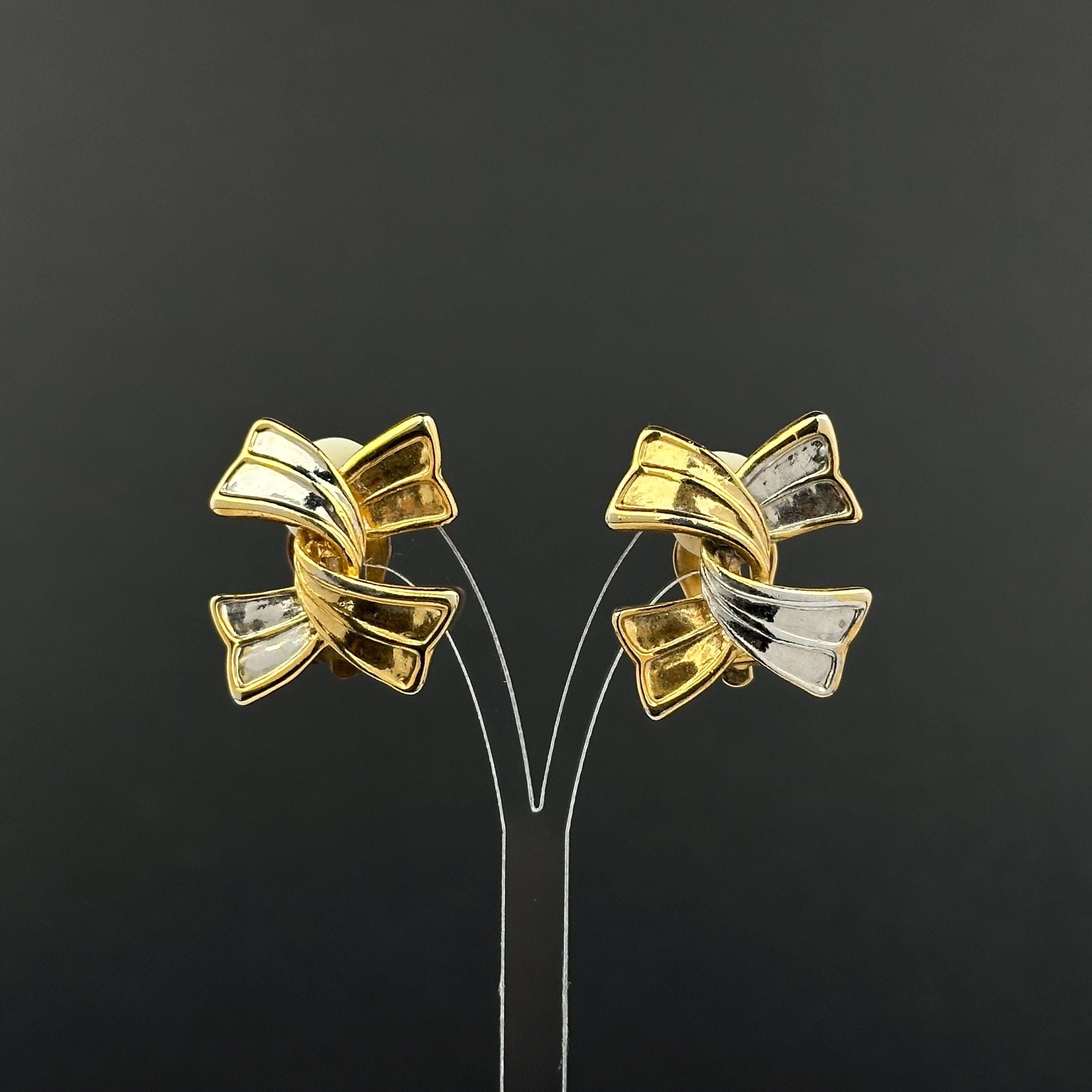 Vintage two-tone bow clip on earrings