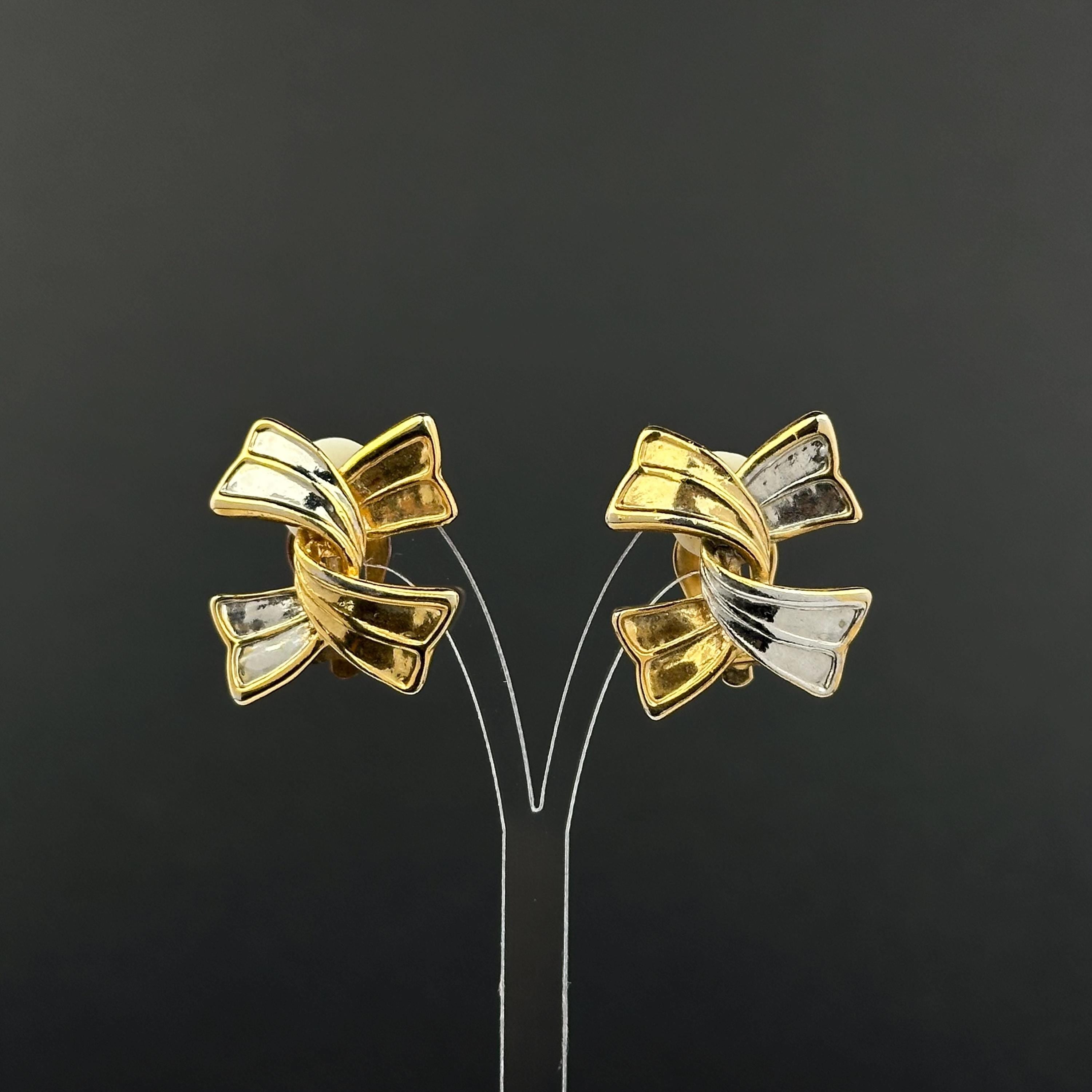 Vintage two-tone bow clip on earrings