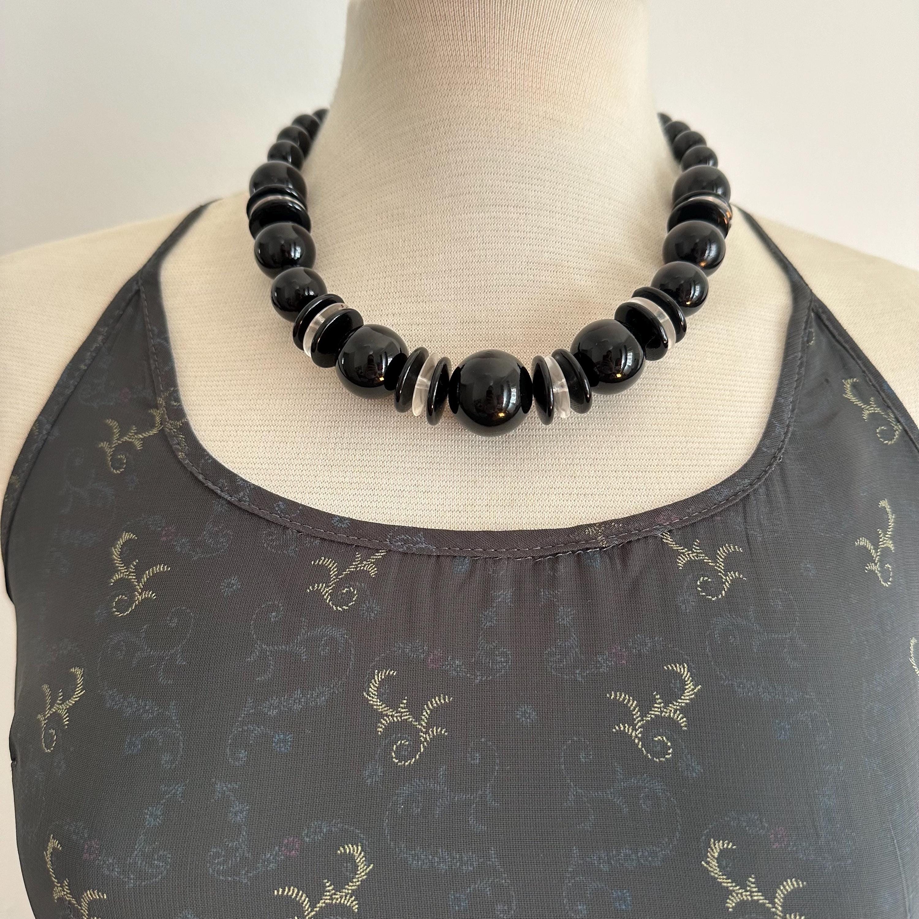 Vintage black plastic bead statement necklace