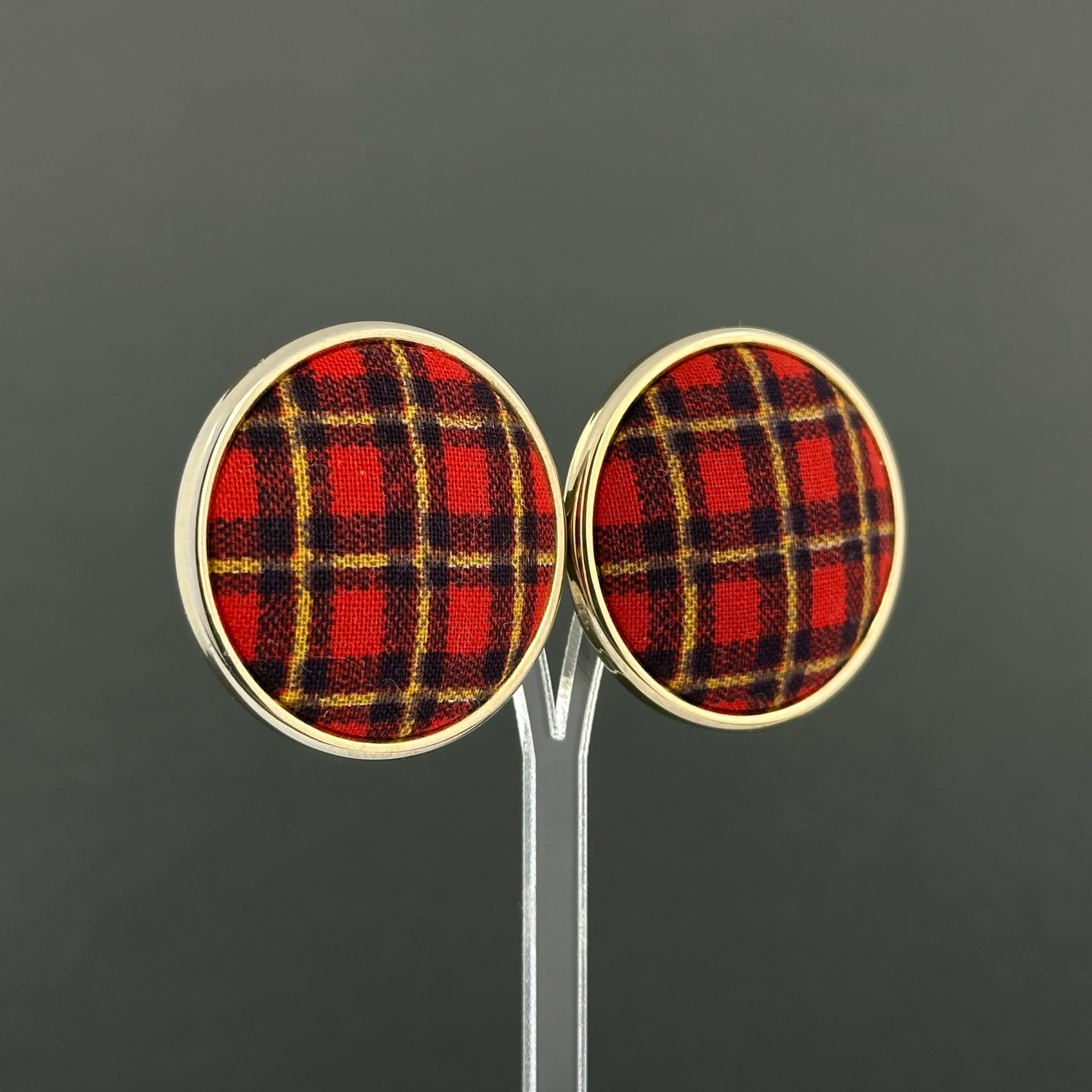 Vintage gold tone and red tartan statement clip-on earrings