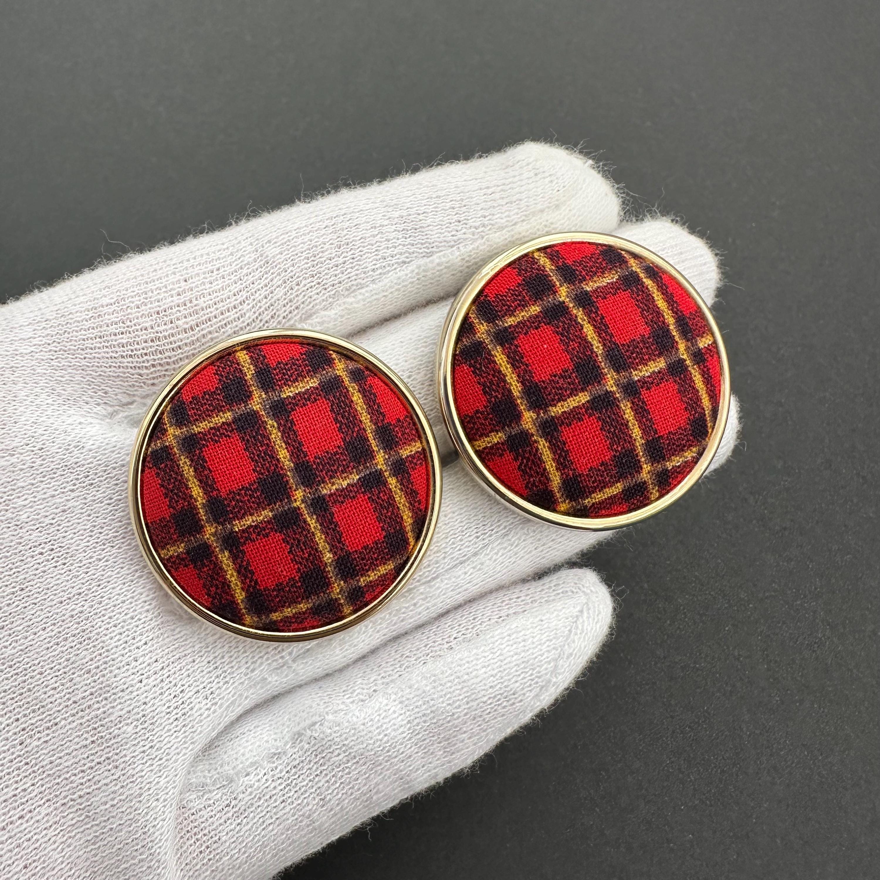 Vintage gold tone and red tartan statement clip-on earrings