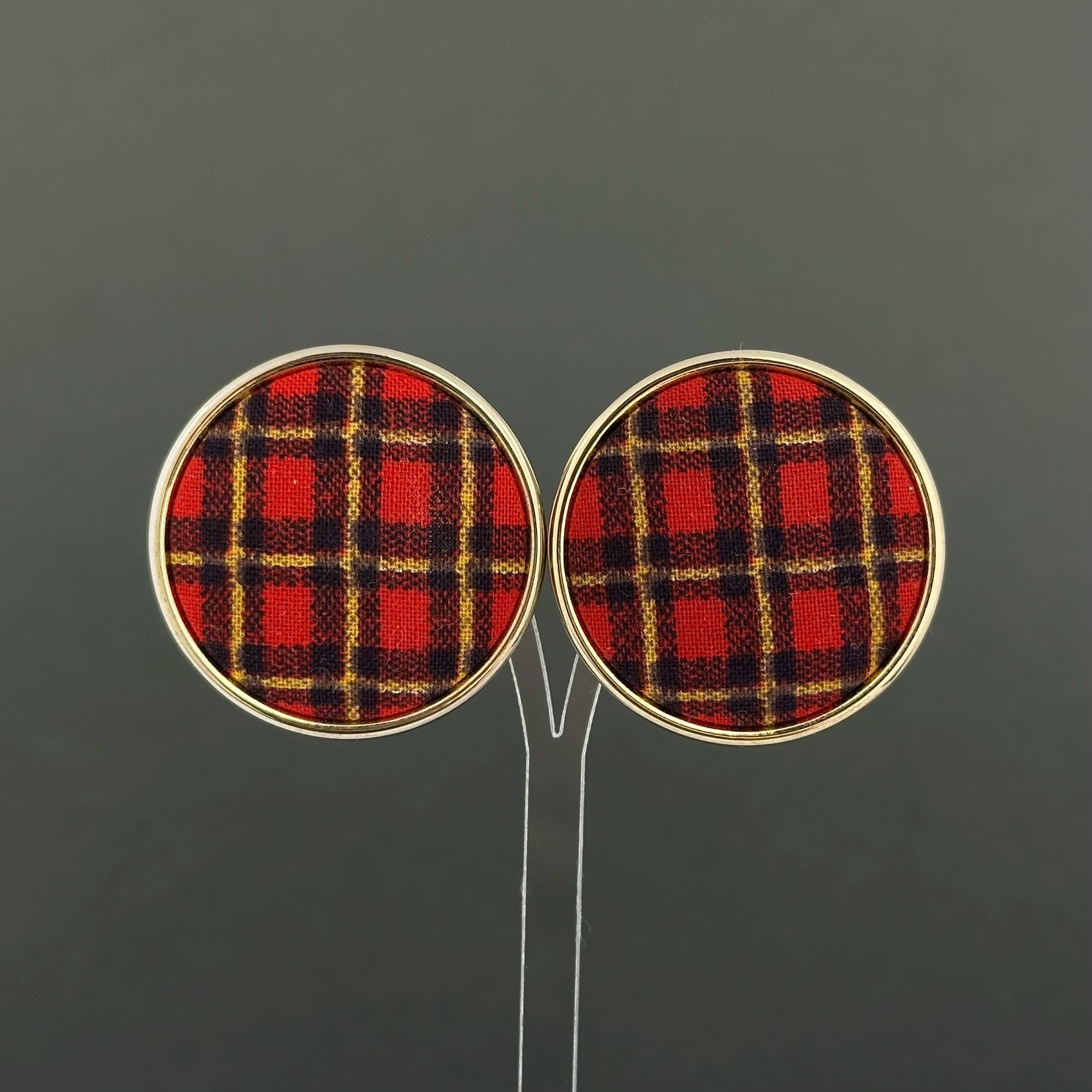 Vintage gold tone and red tartan statement clip-on earrings