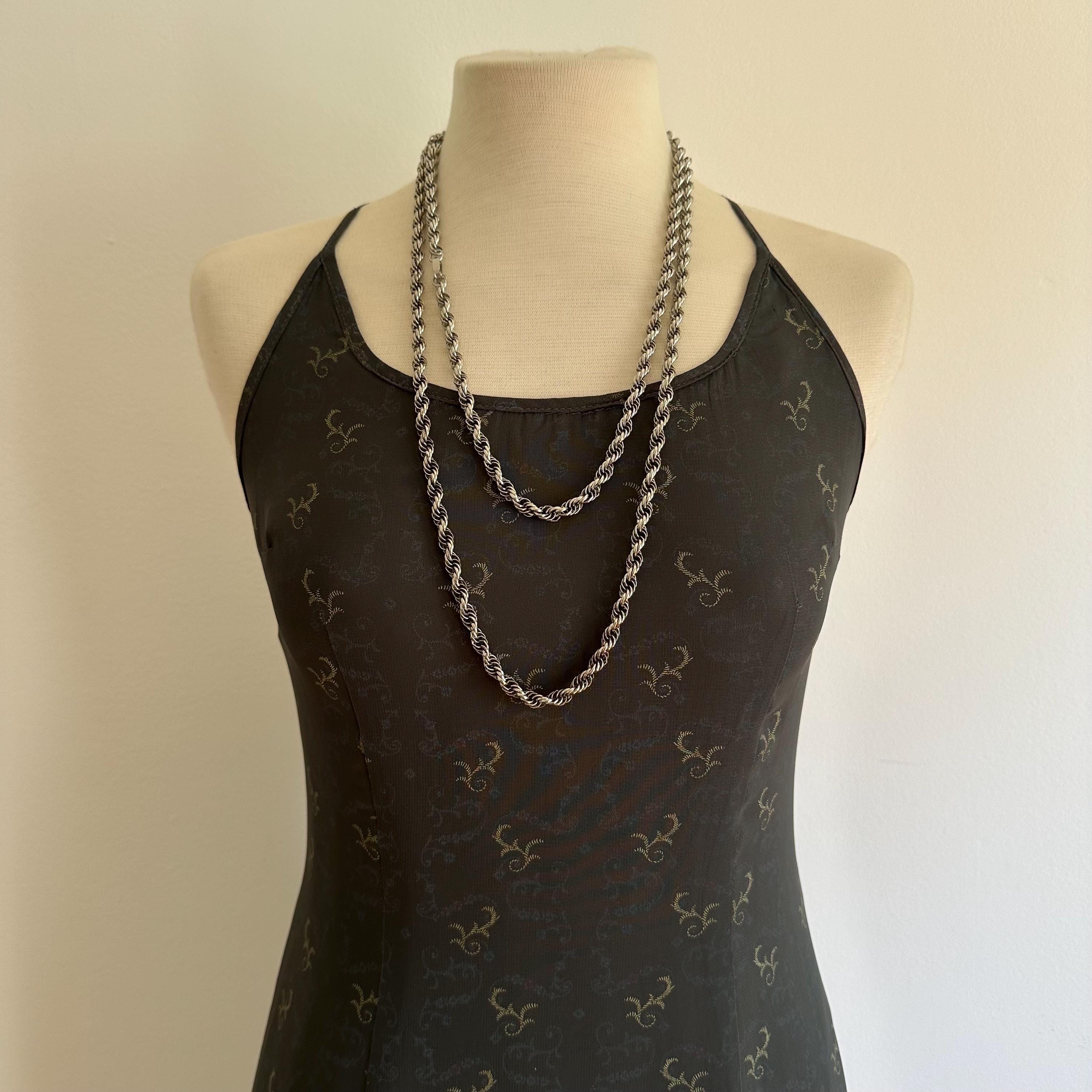 Vintage silver-tone long rope chain necklace
