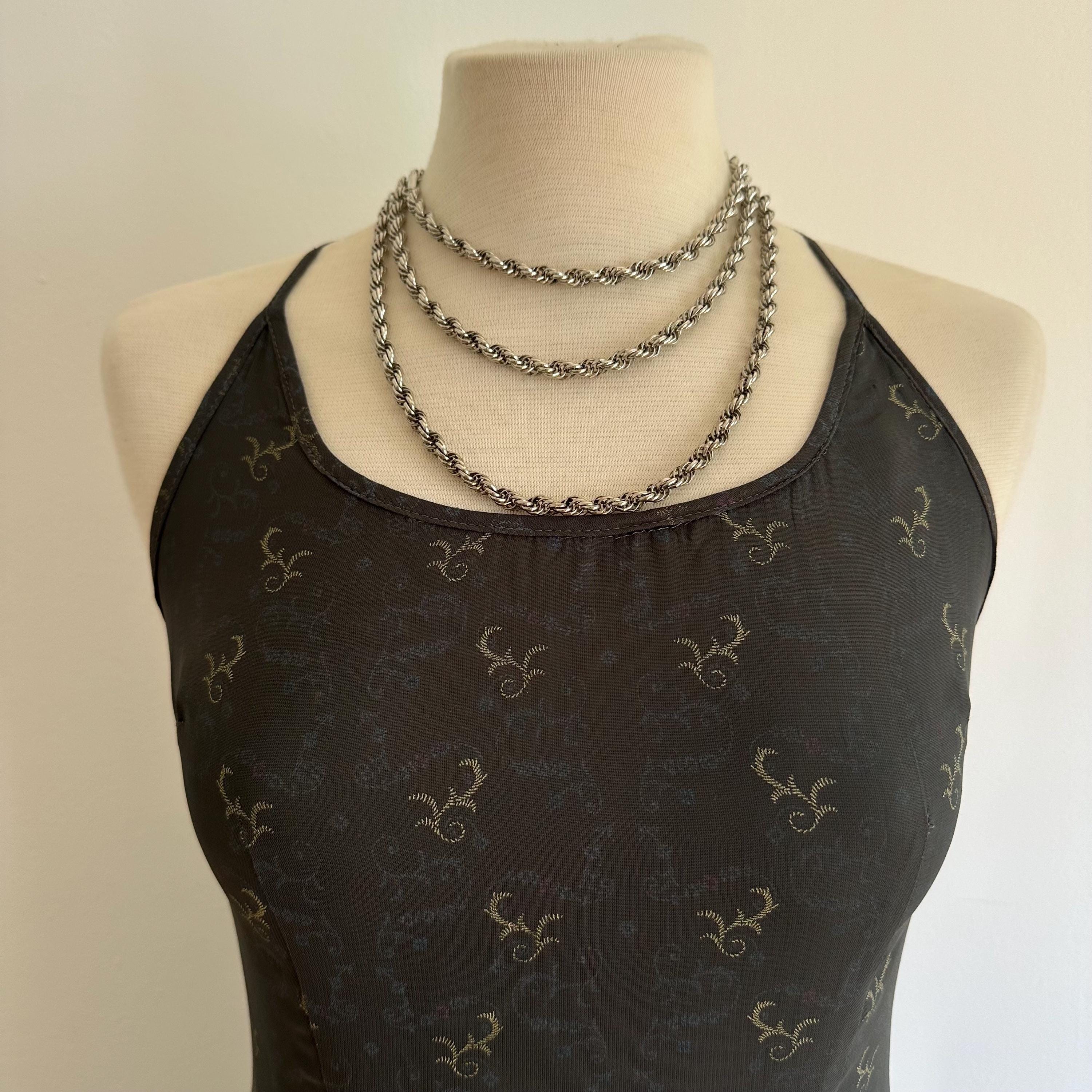 Vintage silver-tone long rope chain necklace