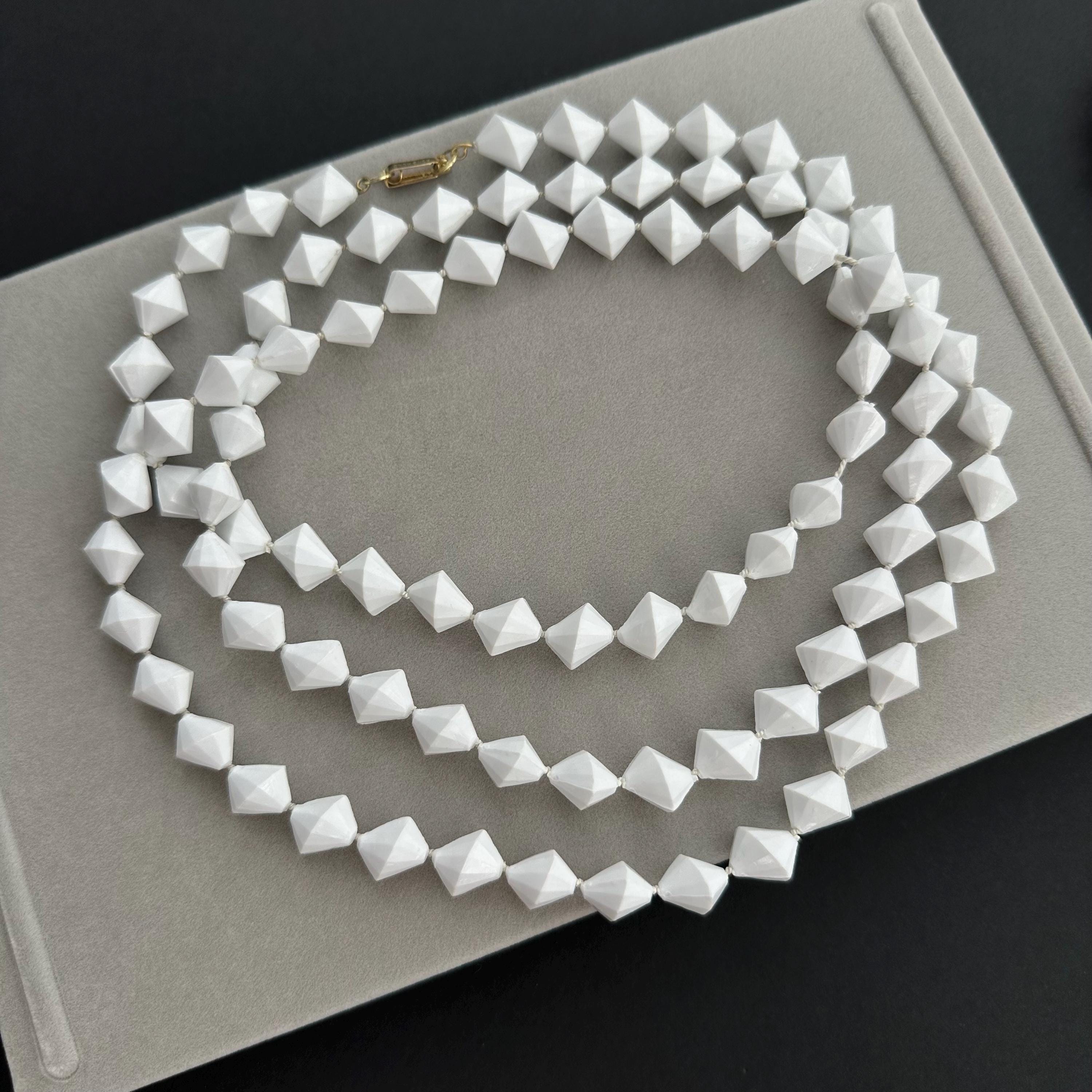 Vintage Hong Kong white faceted plastic bead necklace