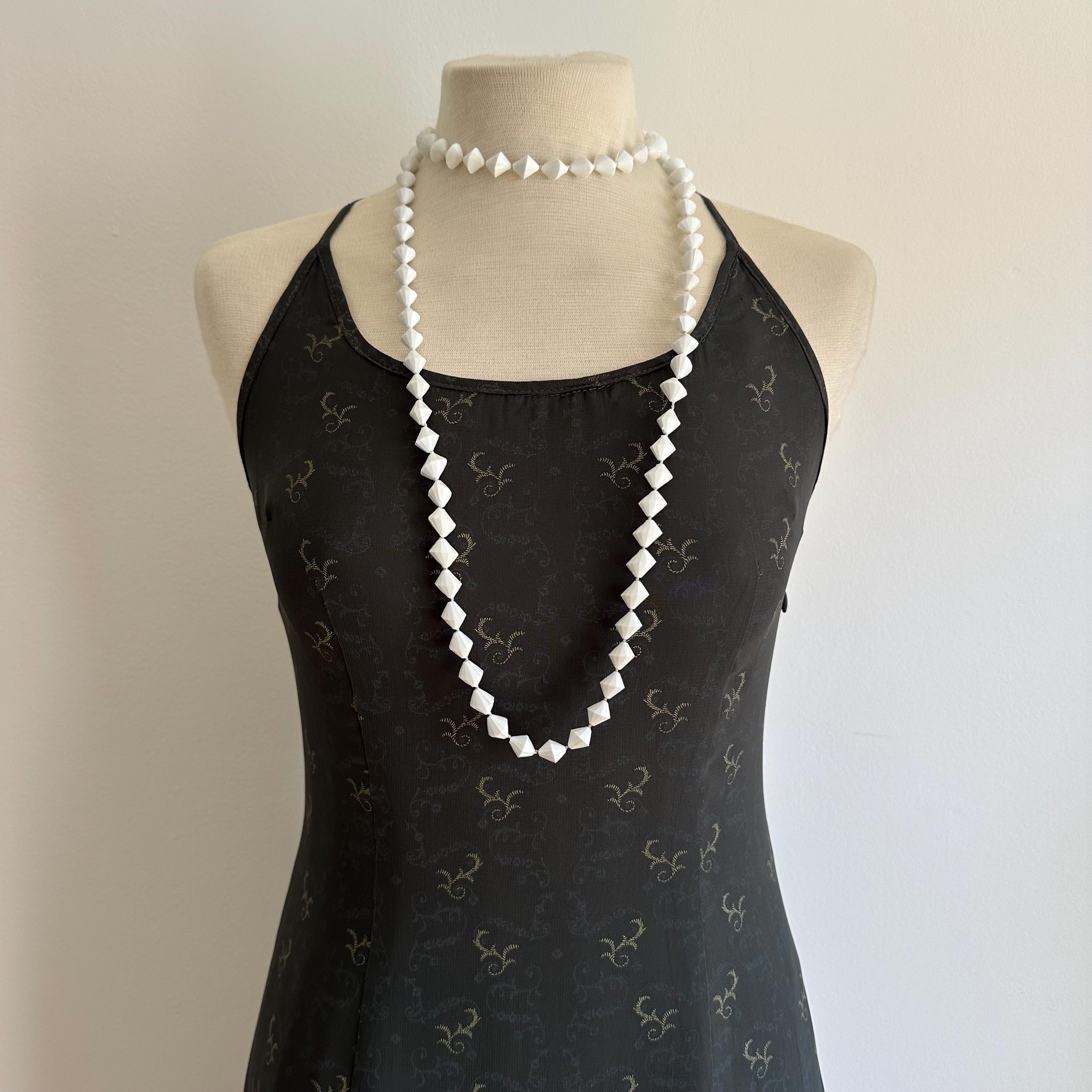 Vintage Hong Kong white faceted plastic bead necklace