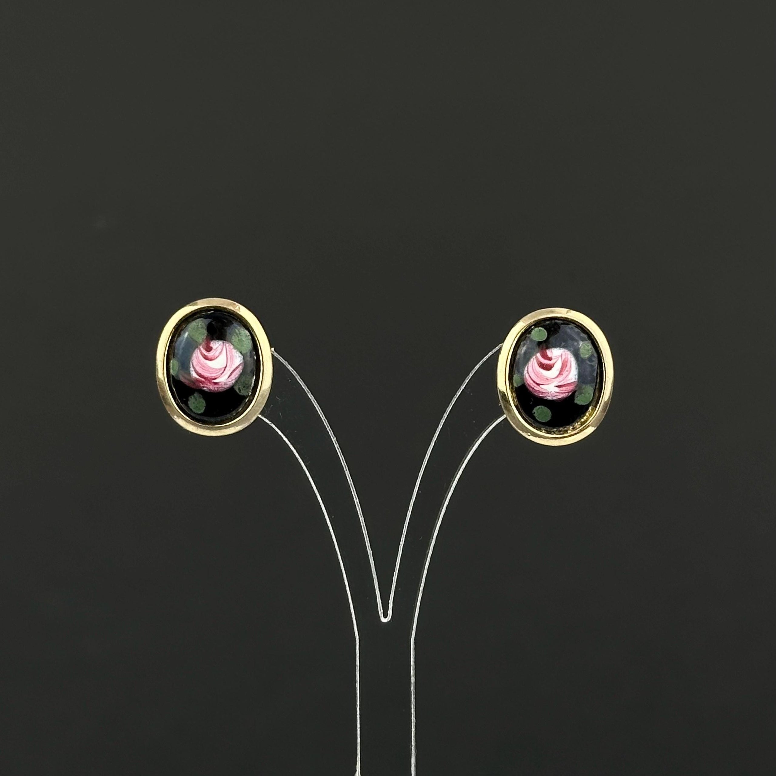 Vintage floral and black enamel small stud earrings