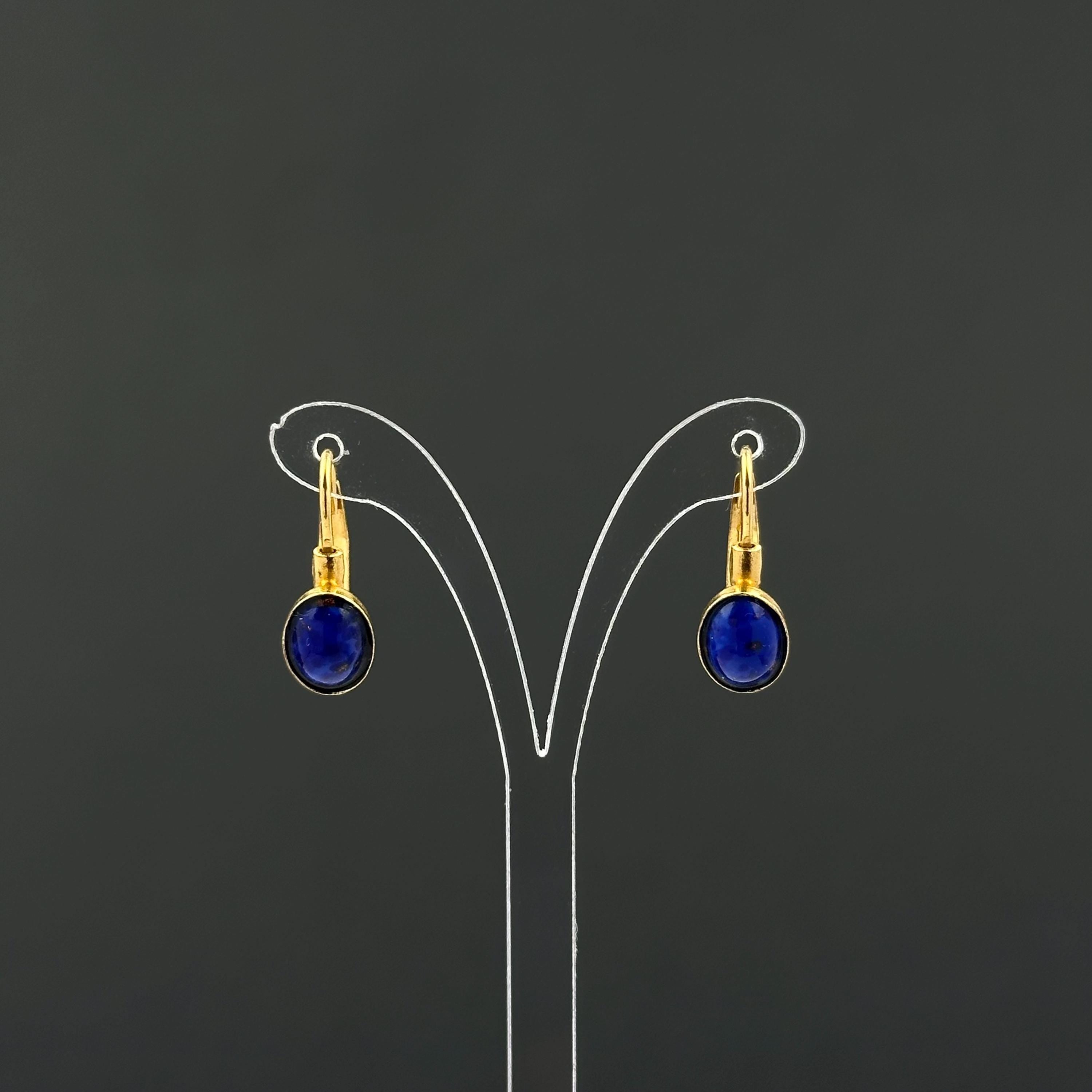 Vintage gold tone and blue cabochons drop earrings