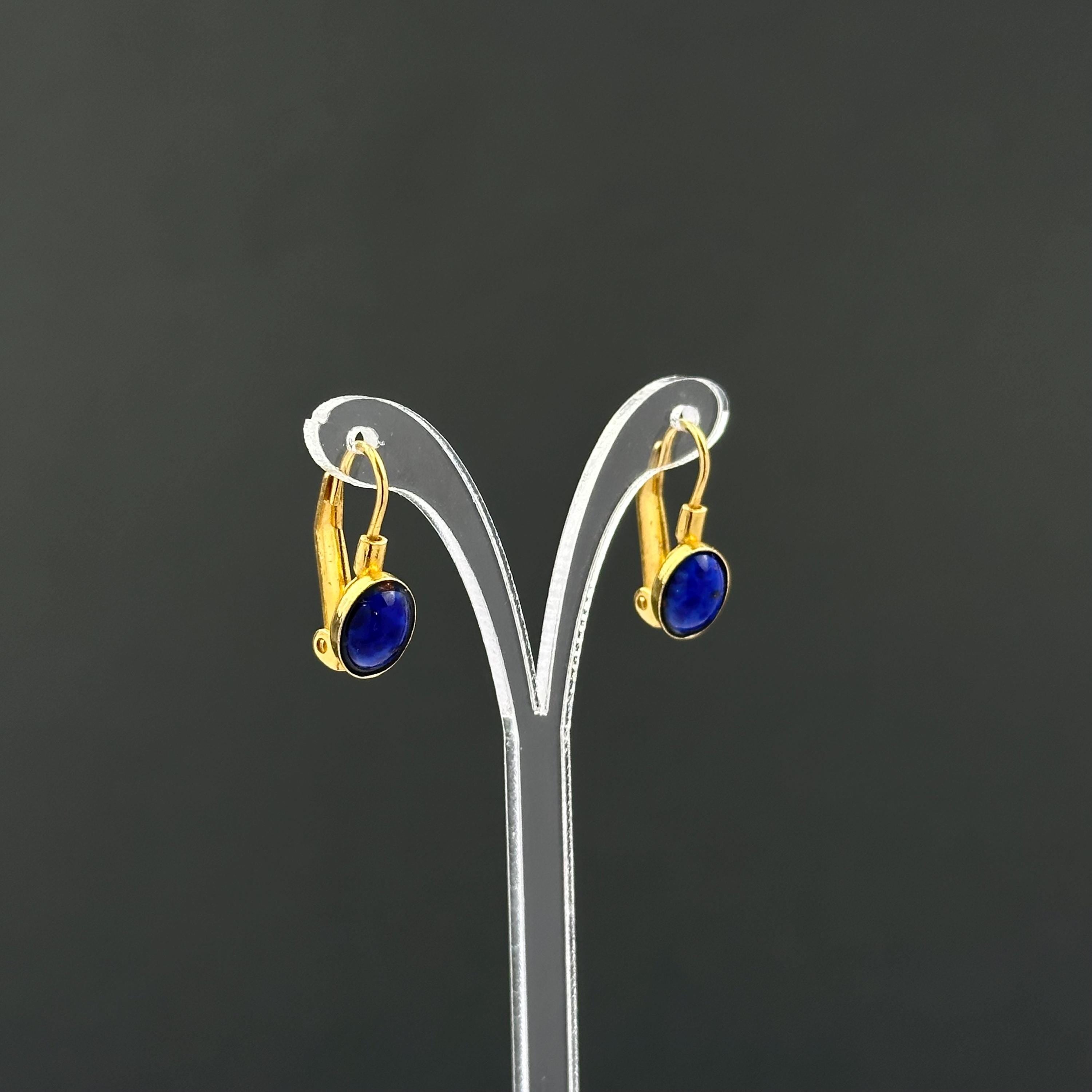 Vintage gold tone and blue cabochons drop earrings