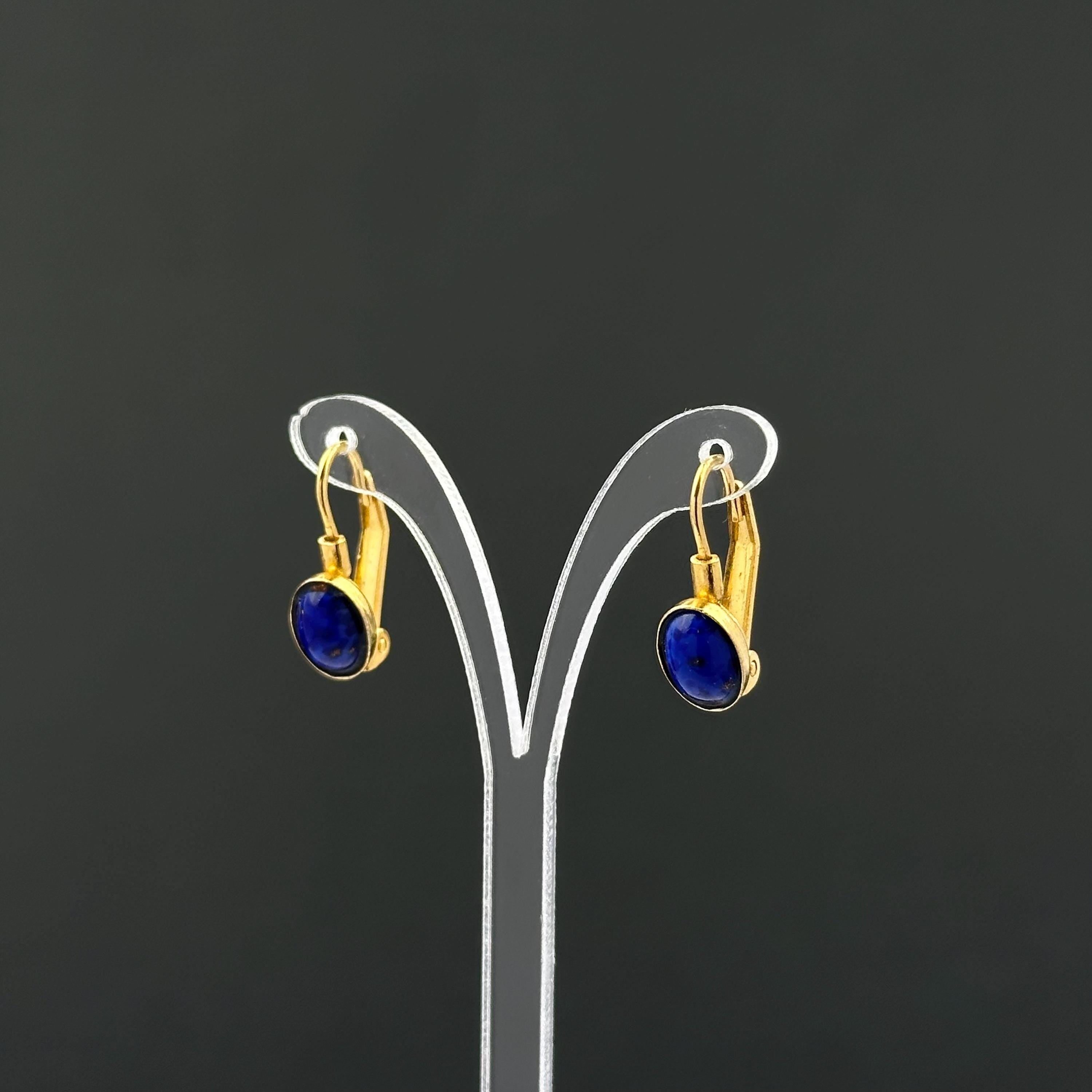 Vintage gold tone and blue cabochons drop earrings