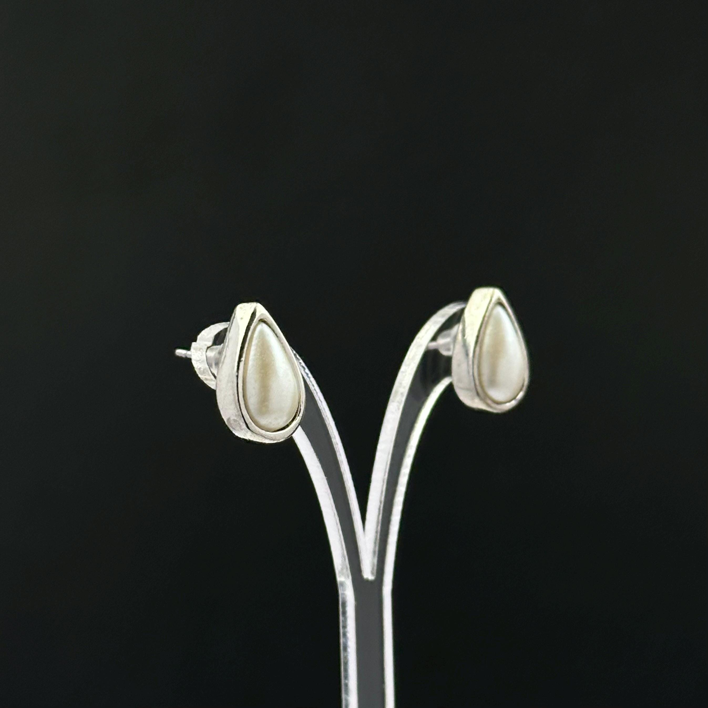 Vintage silver tone and faux pearl teardrop studs earrings