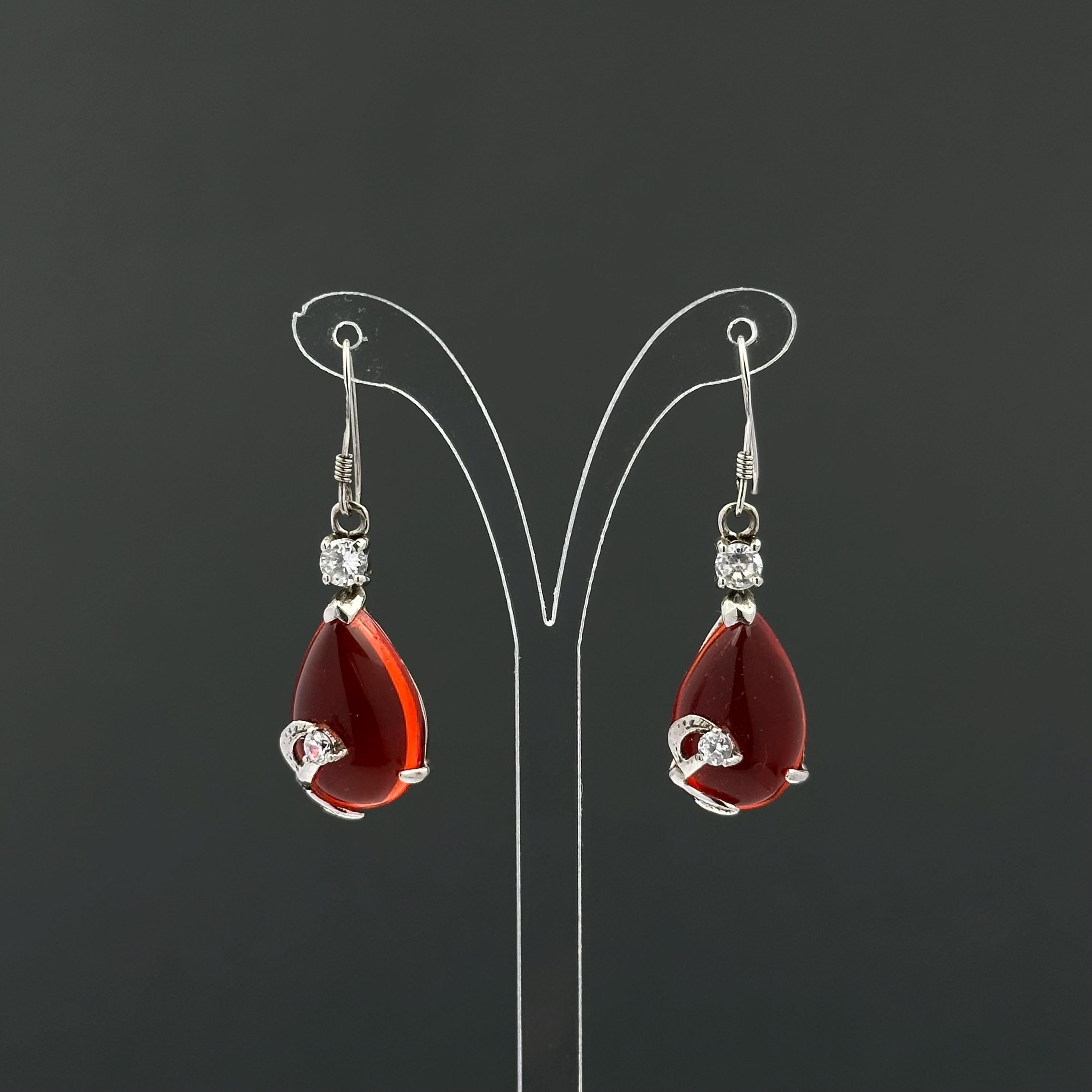 Vintage red teardrop and rhinestone dangle earrings