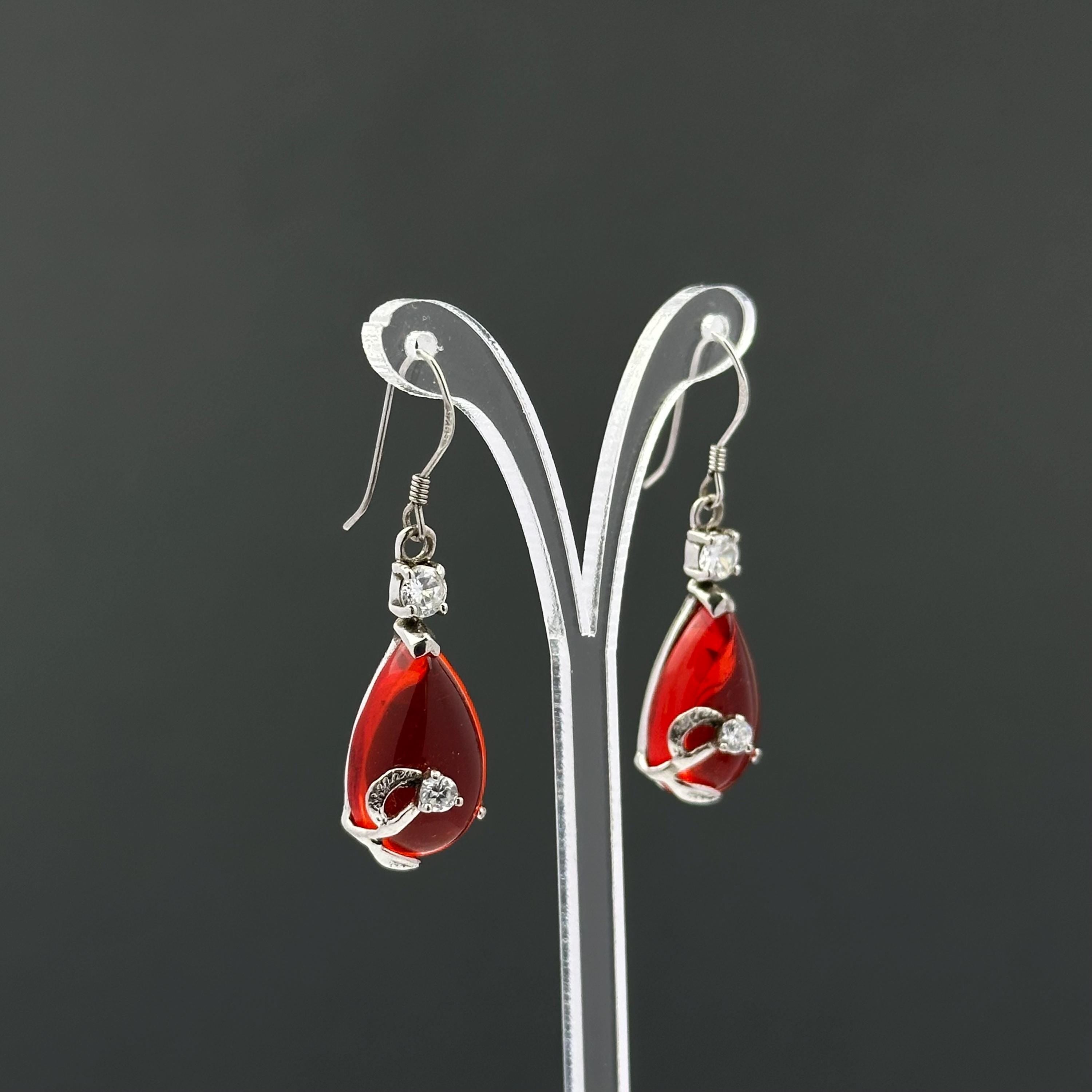Vintage red teardrop and rhinestone dangle earrings