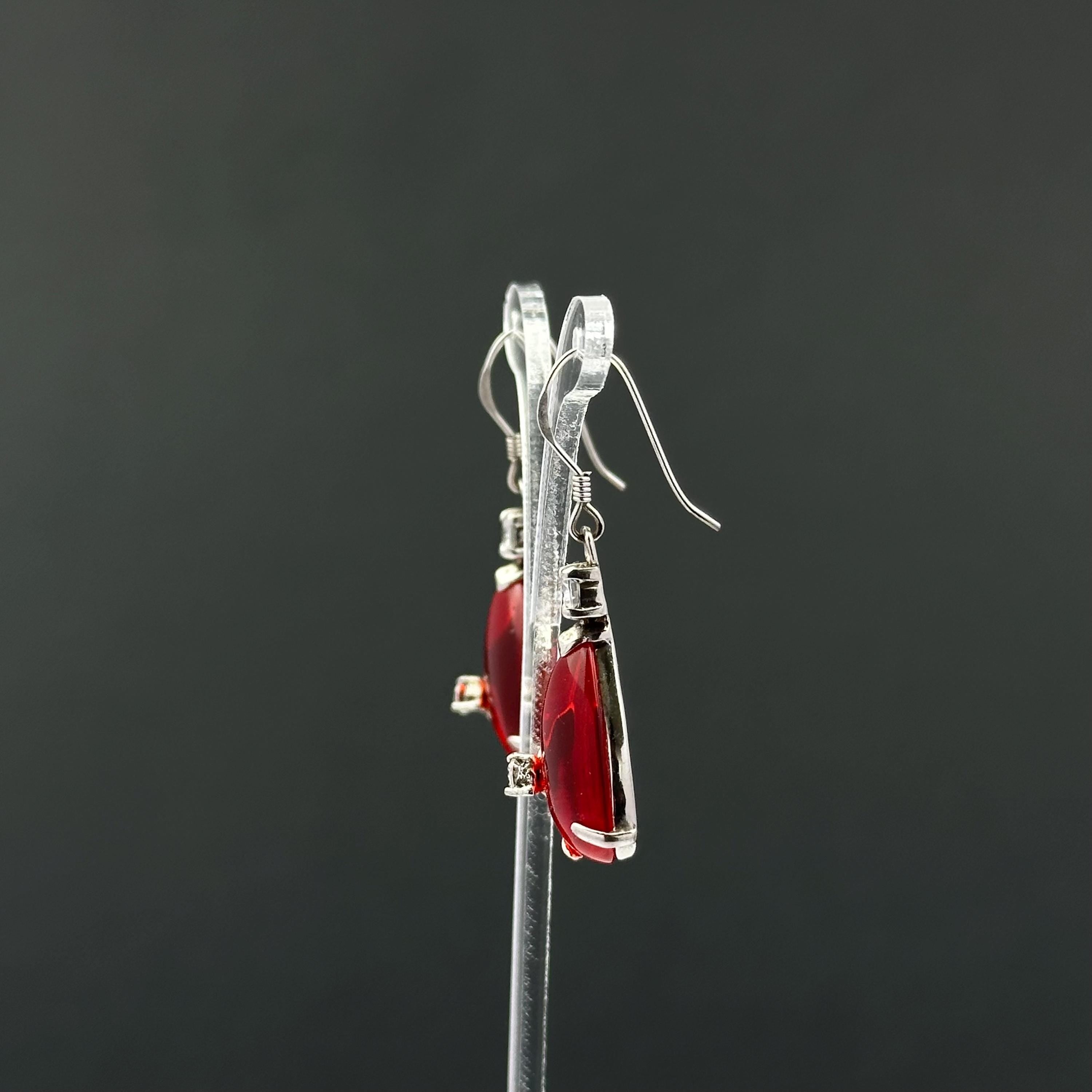 Vintage red teardrop and rhinestone dangle earrings