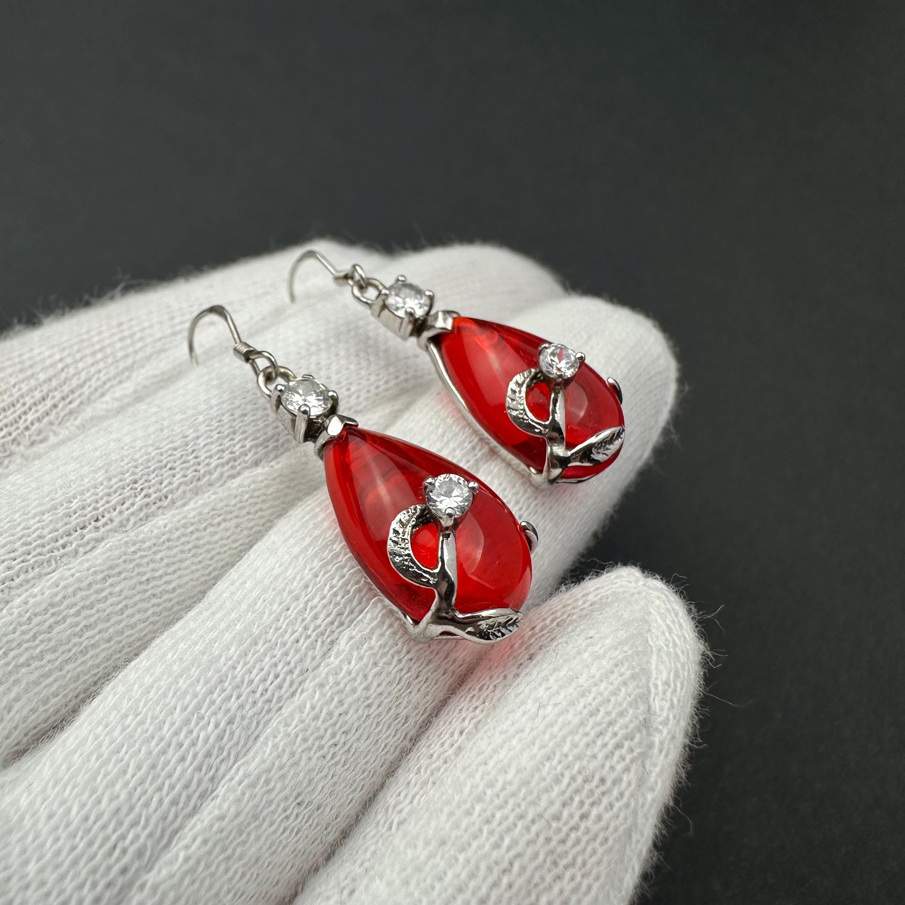 Vintage red teardrop and rhinestone dangle earrings
