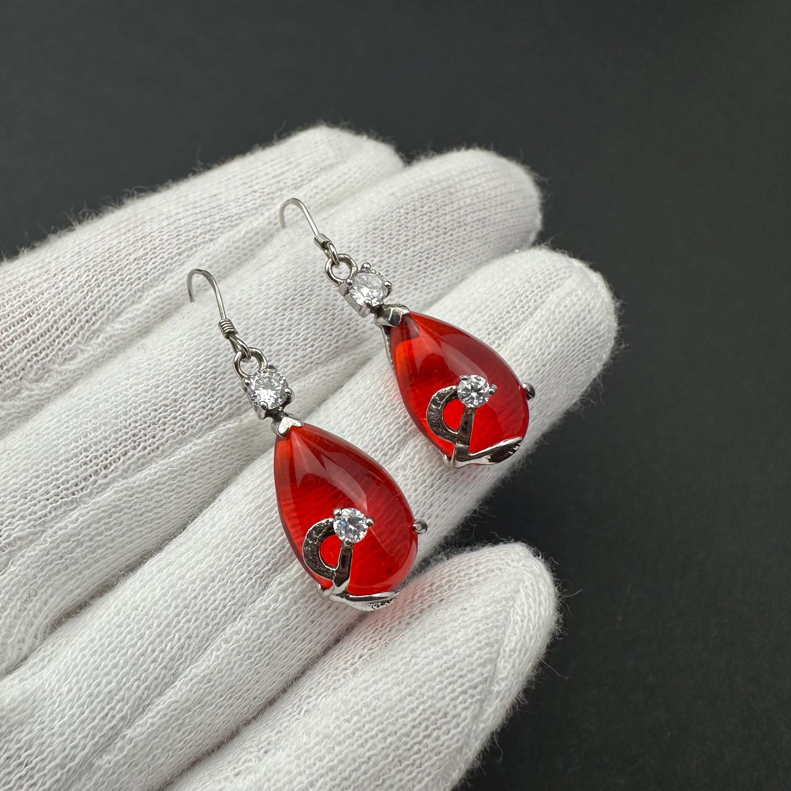 Vintage red teardrop and rhinestone dangle earrings