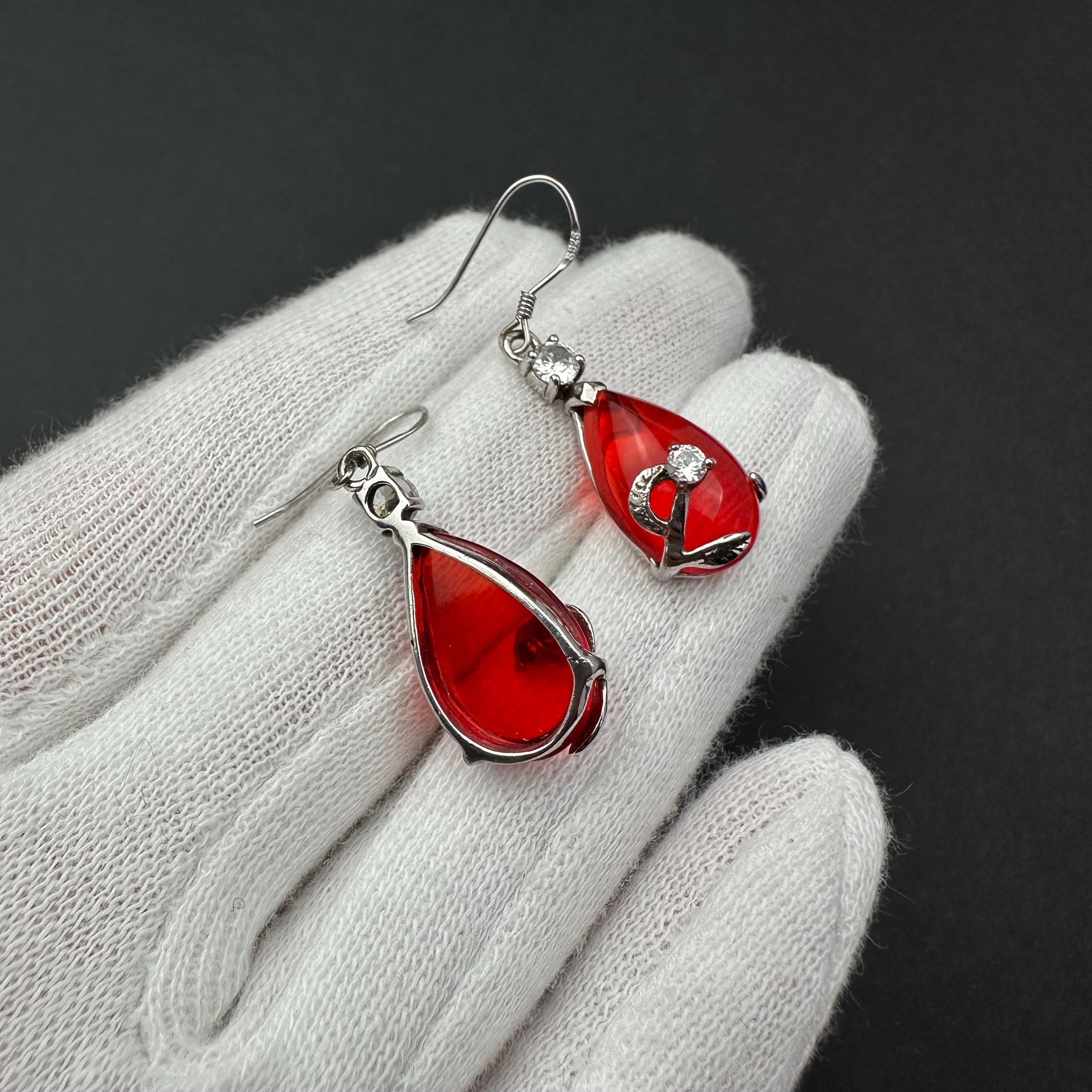 Vintage red teardrop and rhinestone dangle earrings