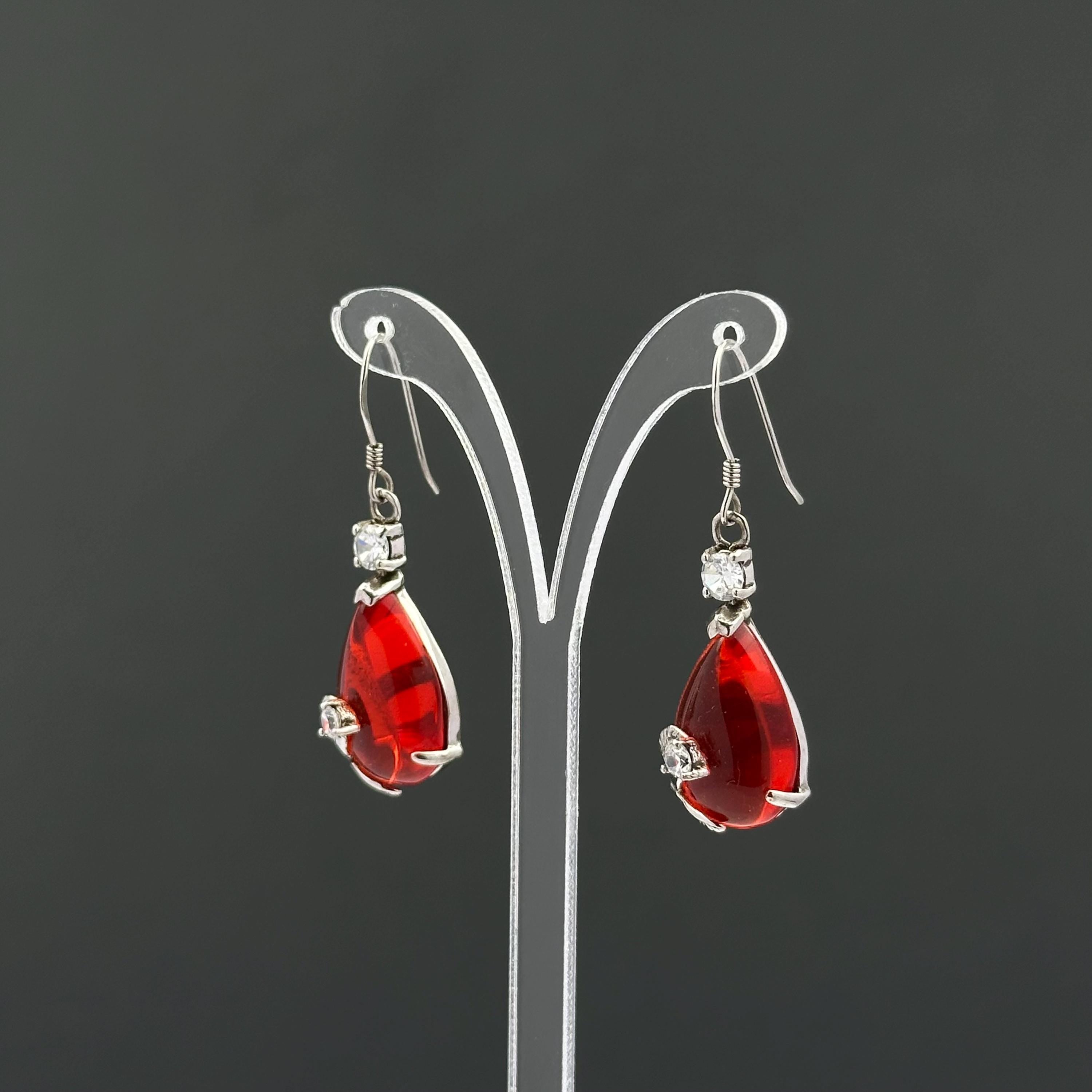 Vintage red teardrop and rhinestone dangle earrings