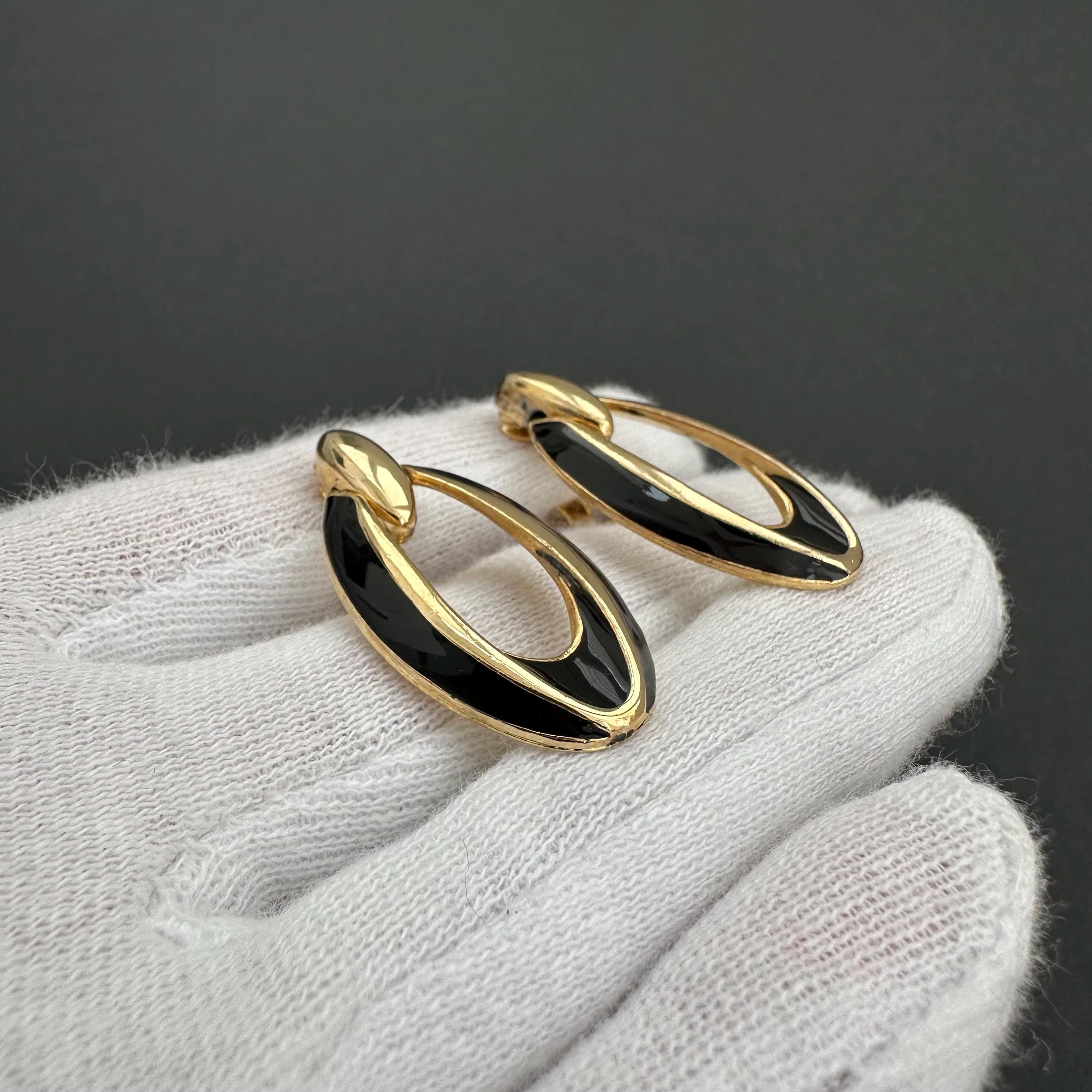 Vintage gold tone and black enamel door knockers clip on earrings
