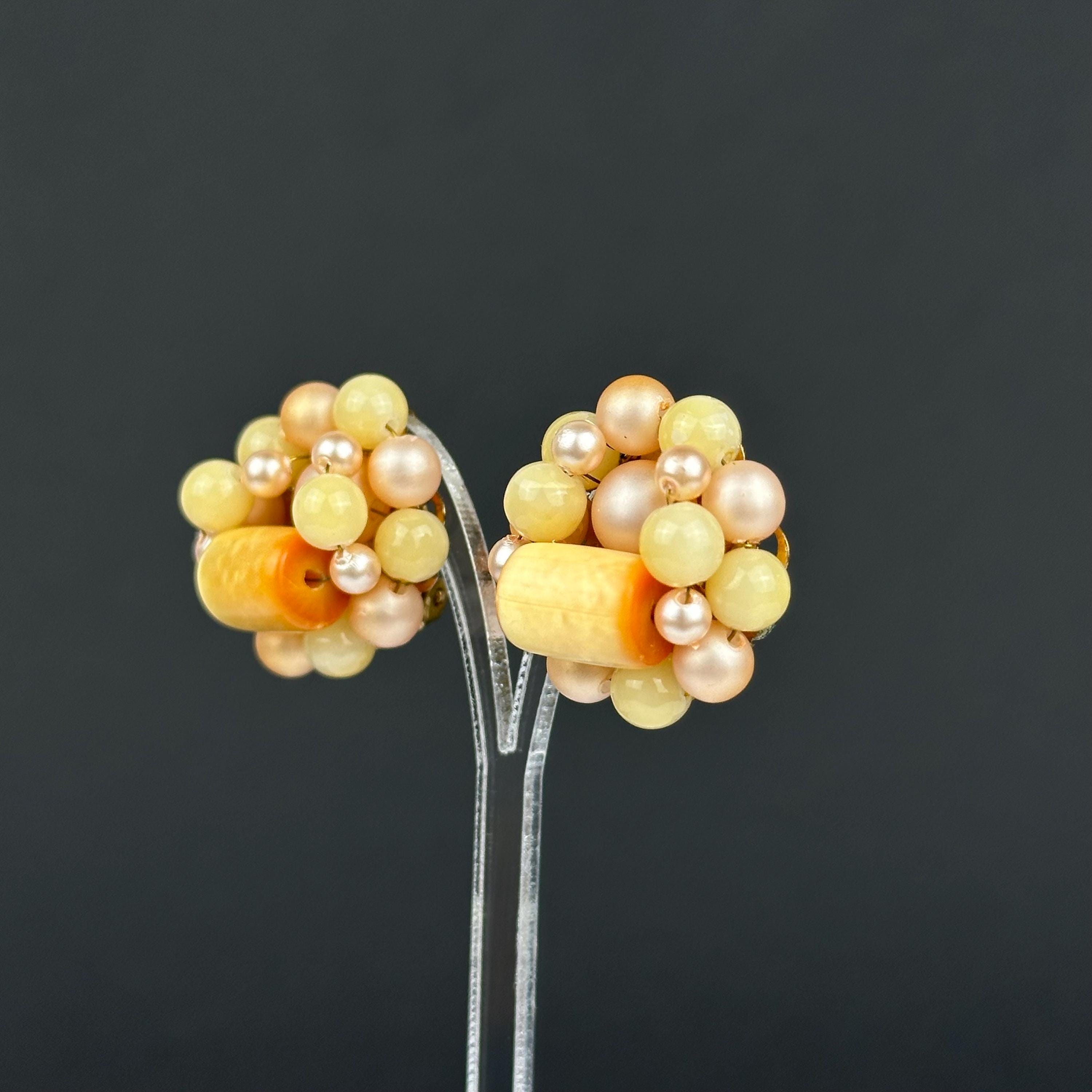 Vintage Japan peach & yellow beaded clip on earrings