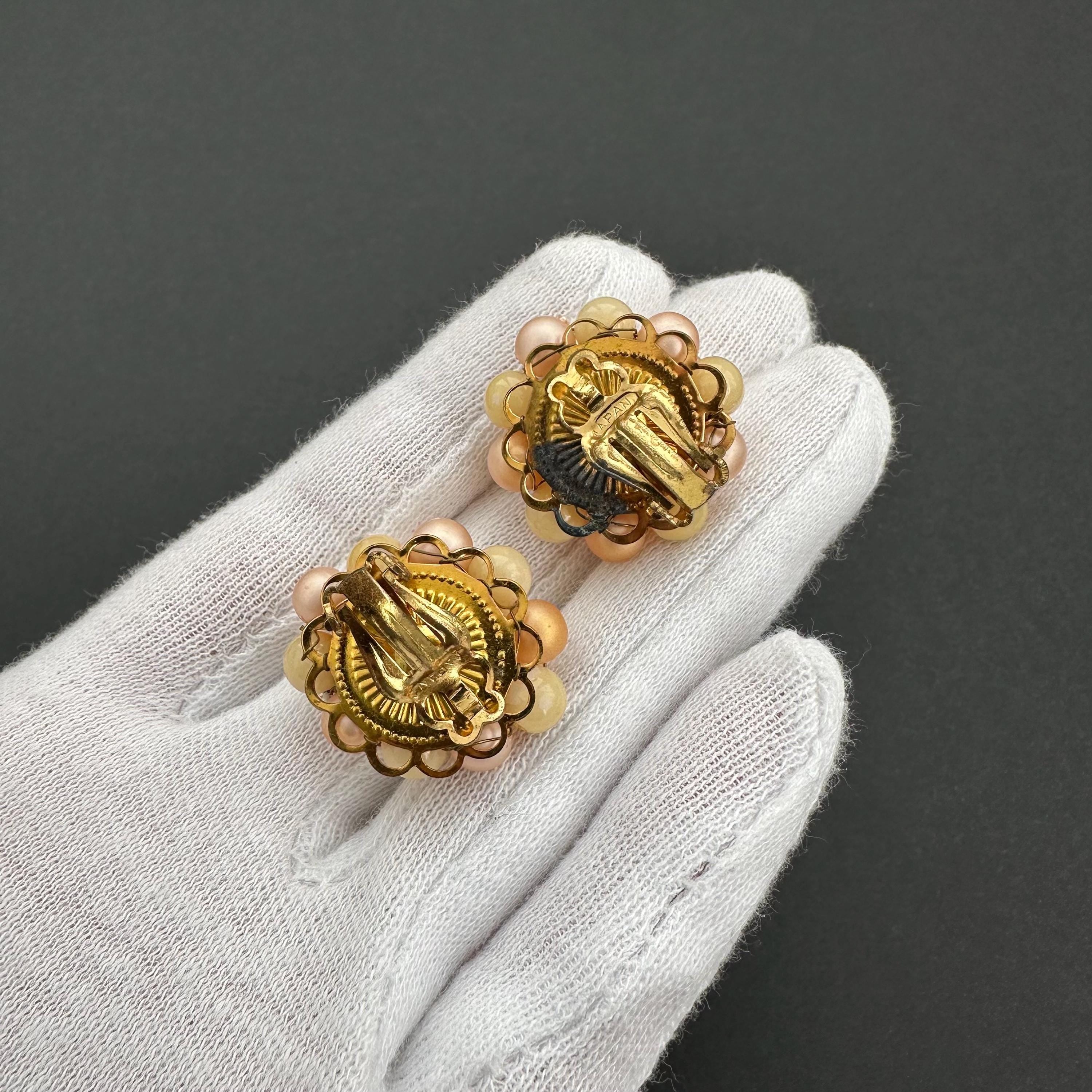 Vintage Japan peach & yellow beaded clip on earrings