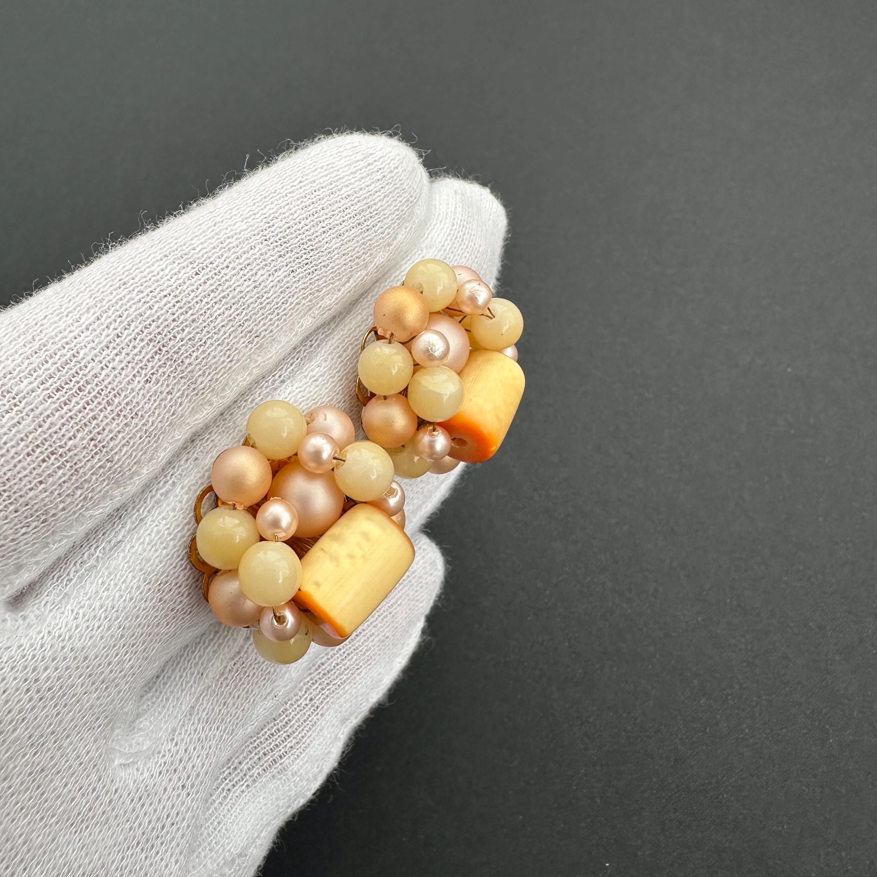 Vintage Japan peach & yellow beaded clip on earrings