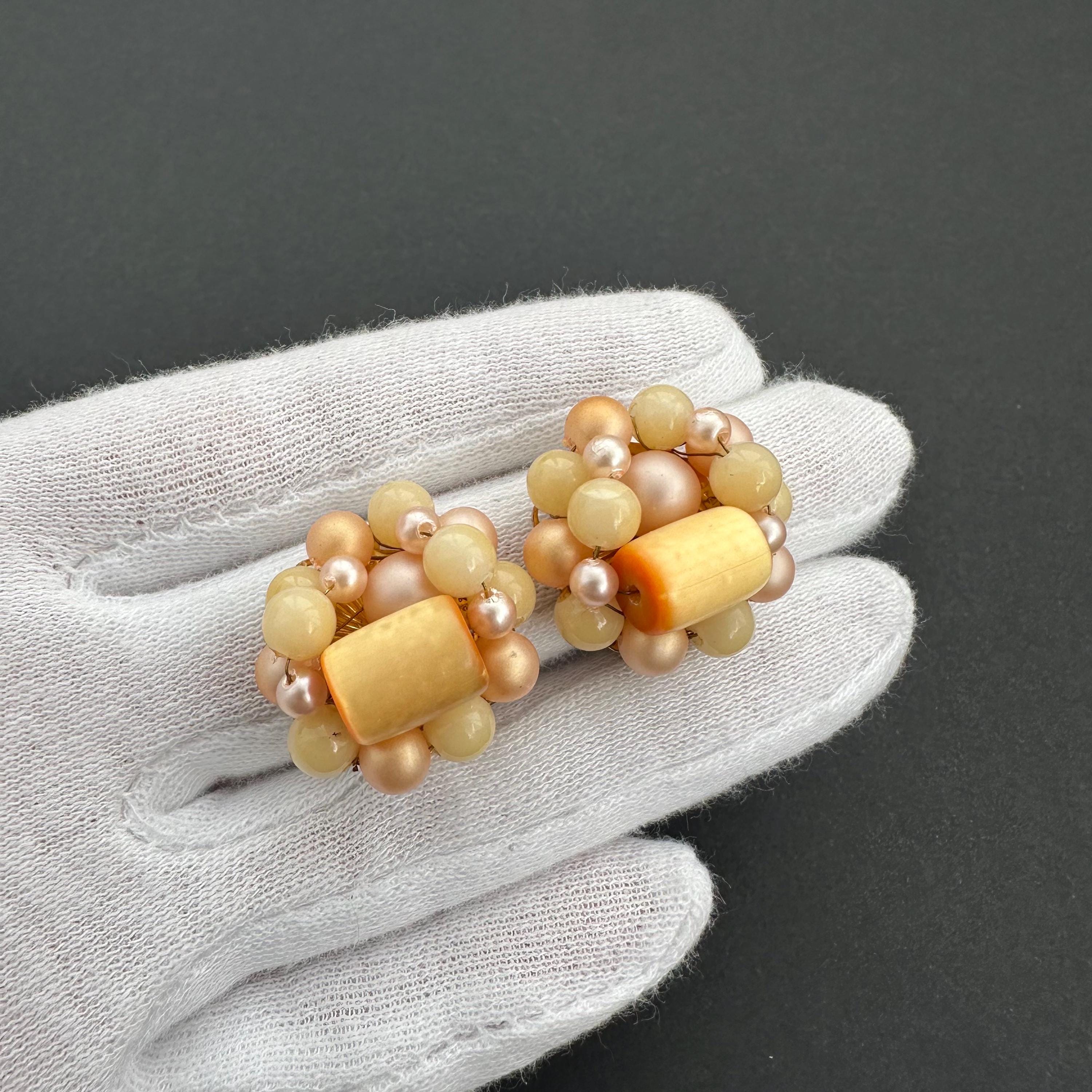 Vintage Japan peach & yellow beaded clip on earrings