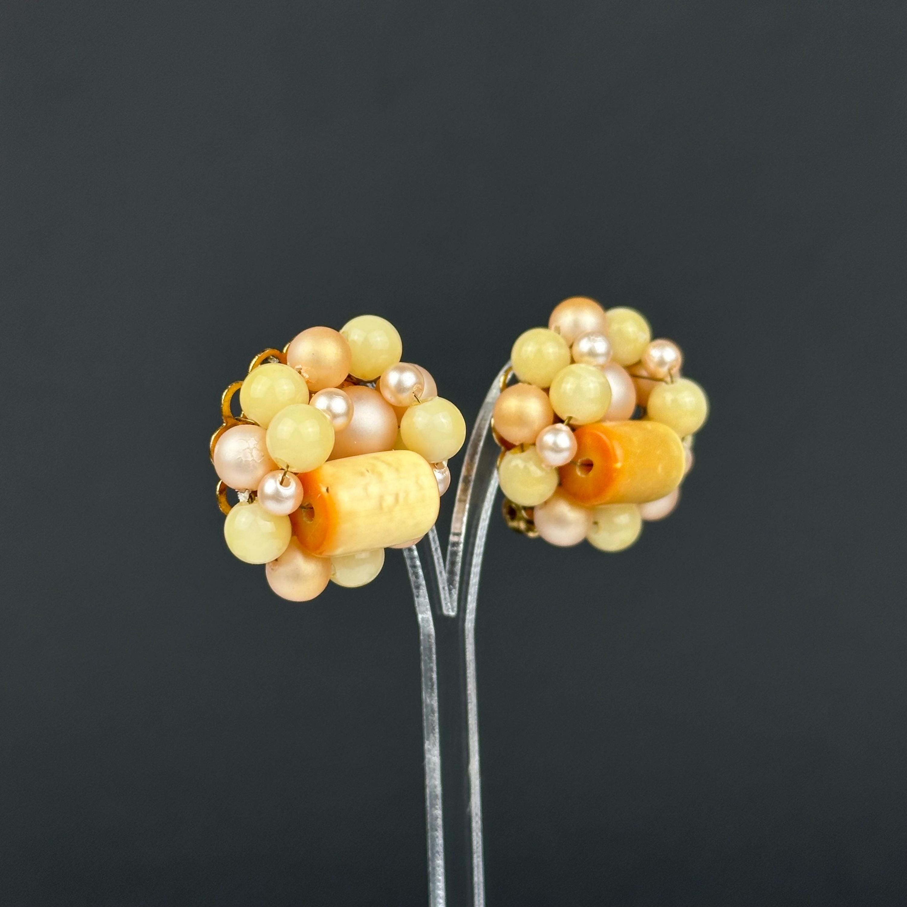 Vintage Japan peach & yellow beaded clip on earrings