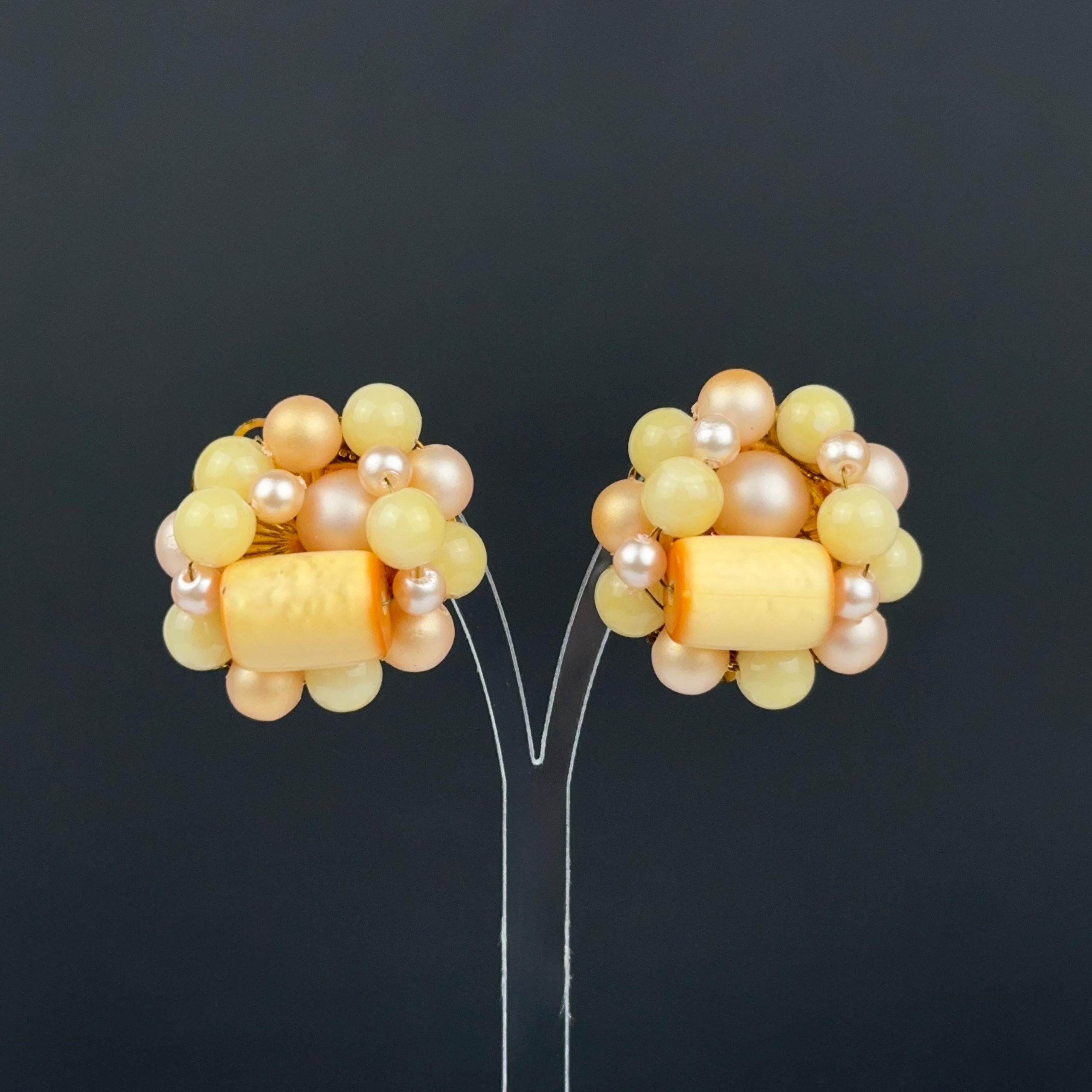 Vintage Japan peach & yellow beaded clip on earrings