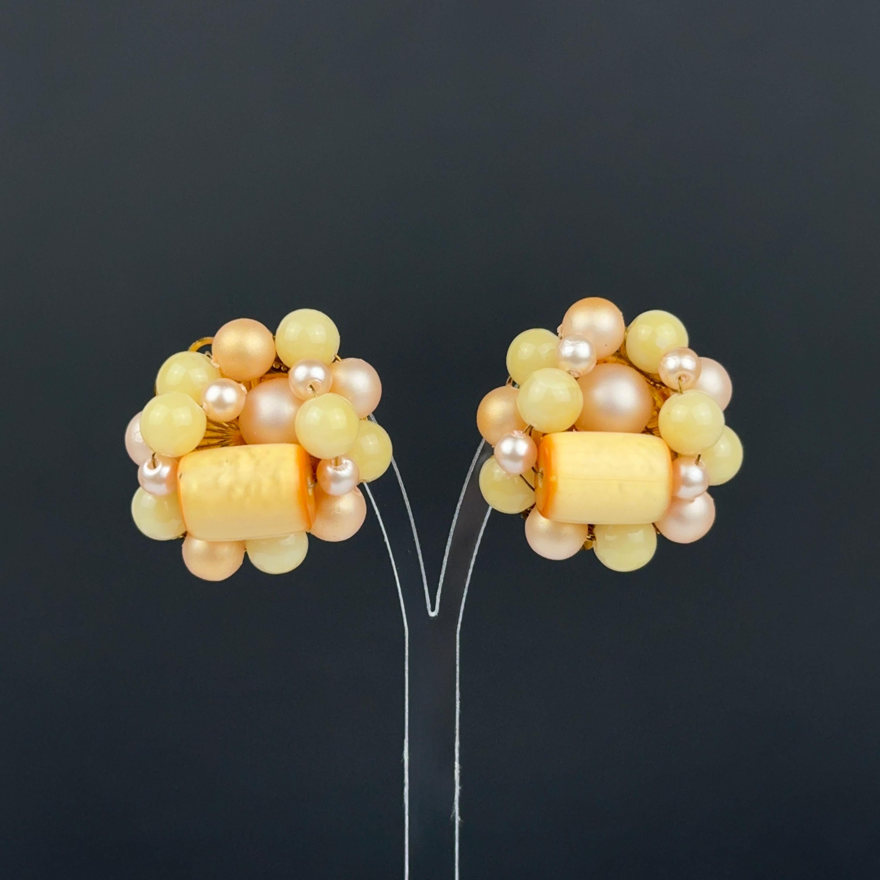 Vintage Japan peach & yellow beaded clip on earrings