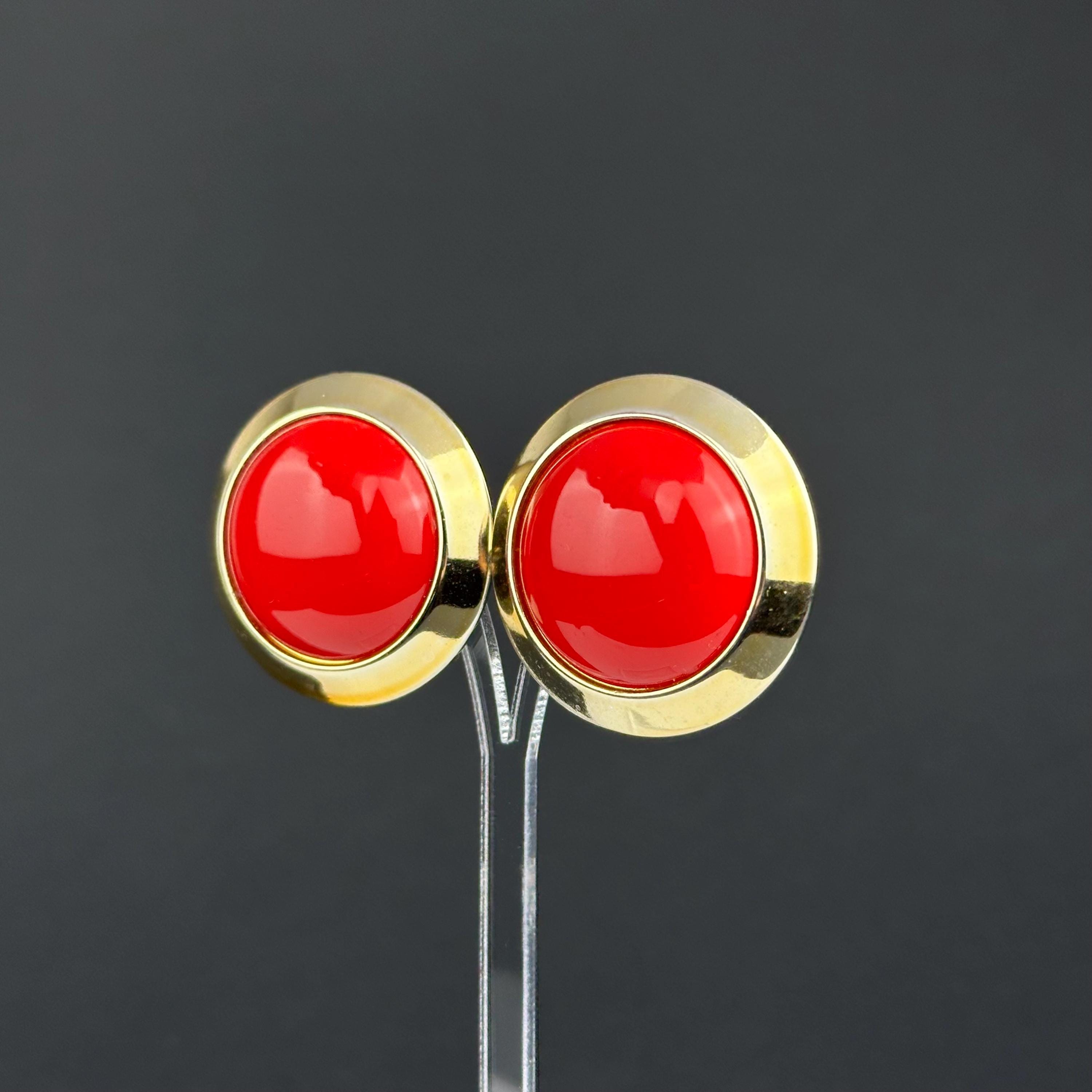 Vintage red & gold tone statement stud earrings