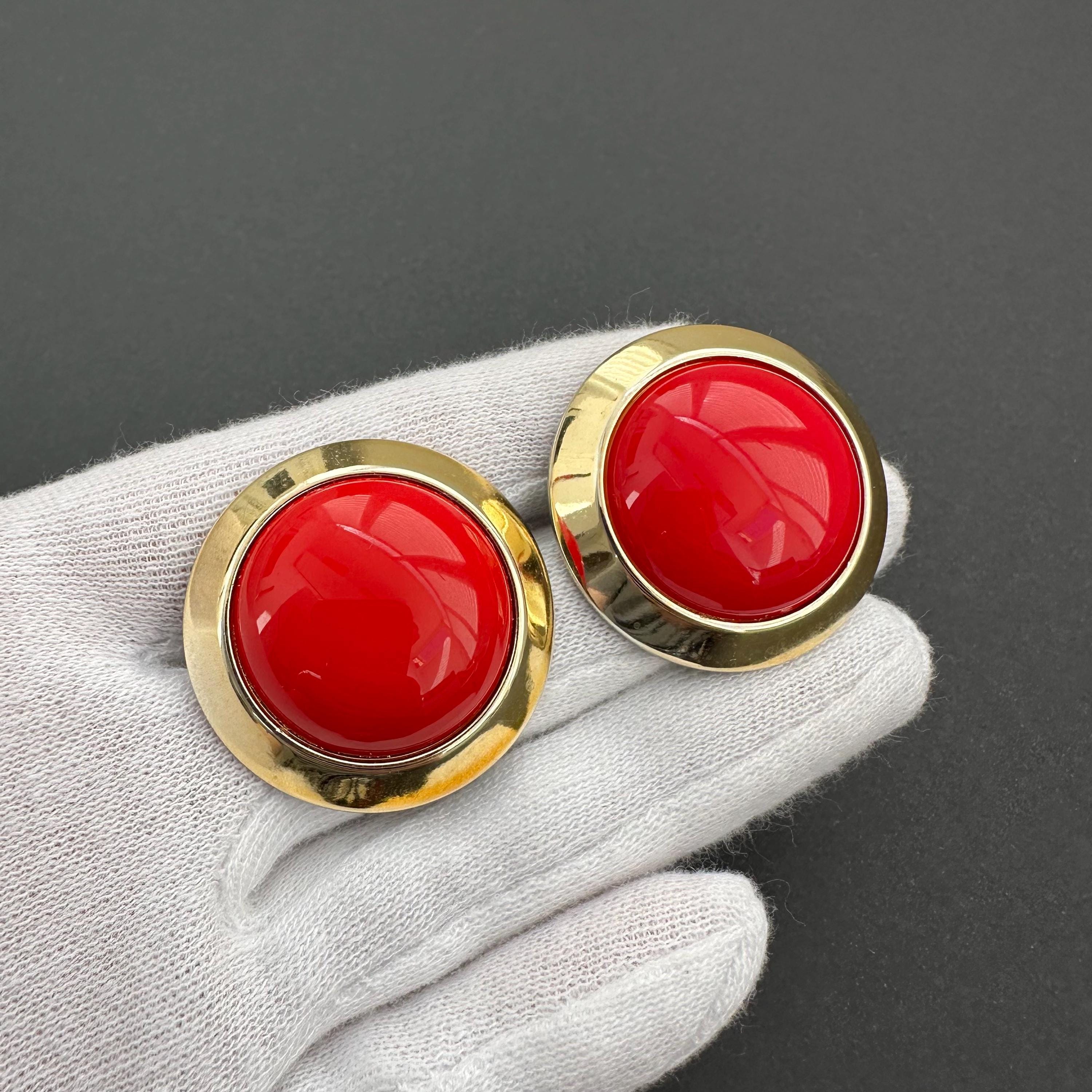 Vintage red & gold tone statement stud earrings