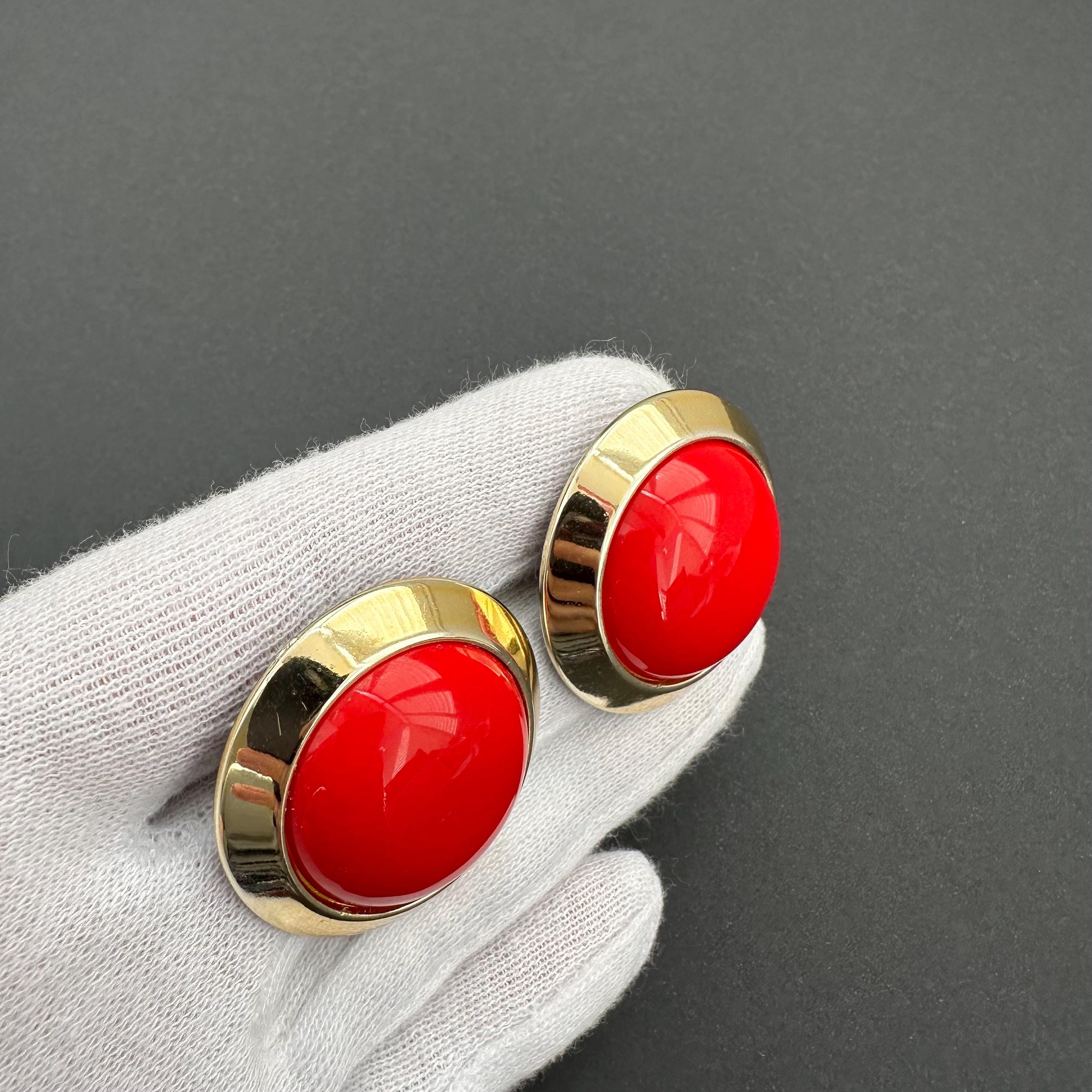 Vintage red & gold tone statement stud earrings