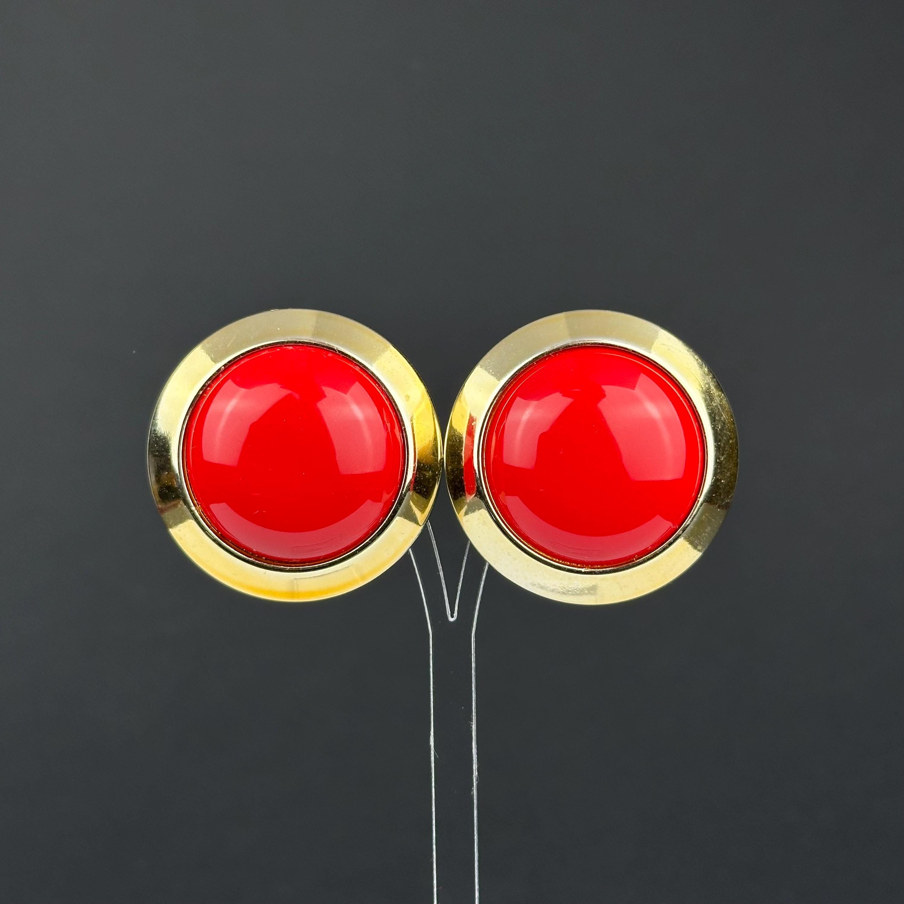 Vintage red & gold tone statement stud earrings