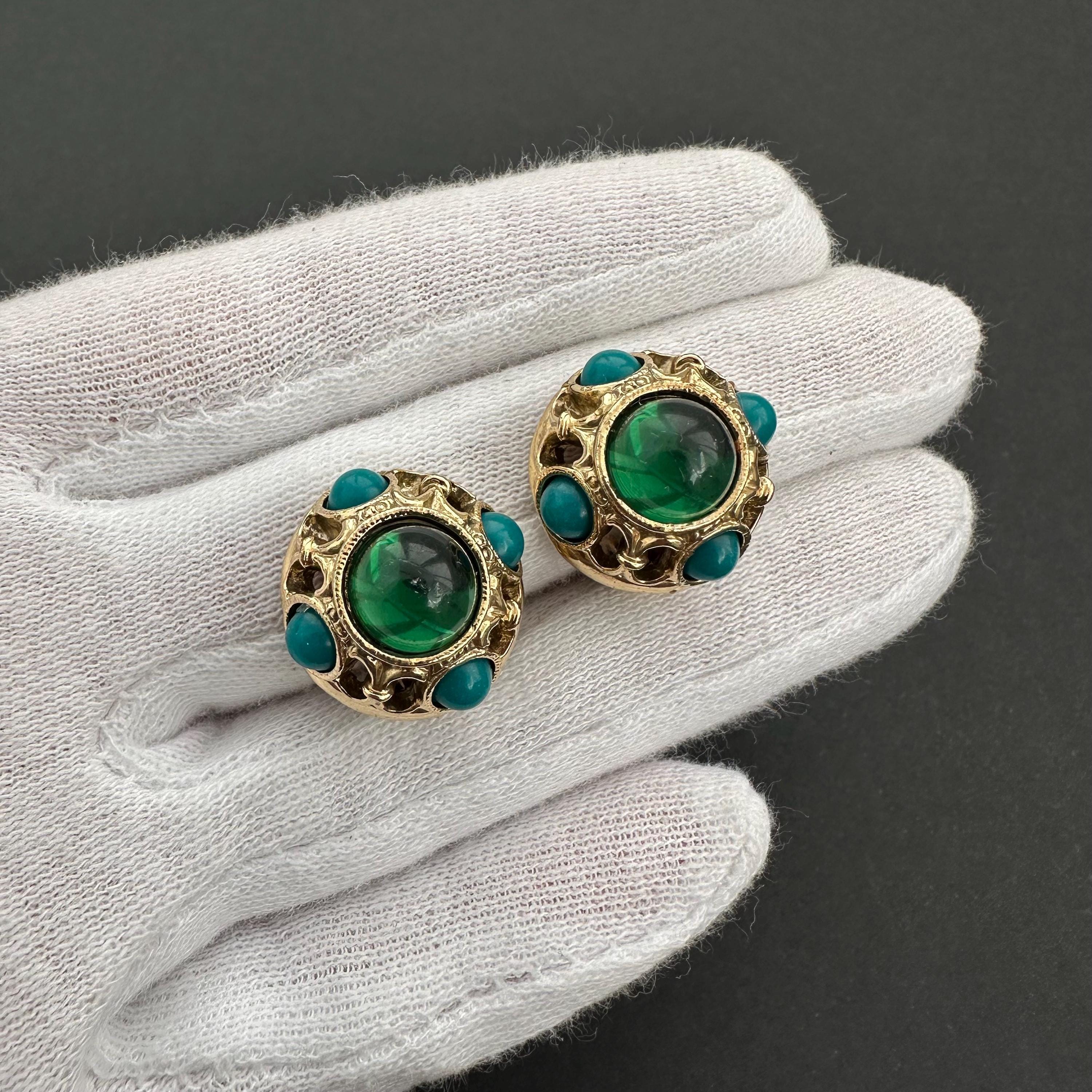1928 Vintage Clip On Earrings: Emerald Green & Gold Tone