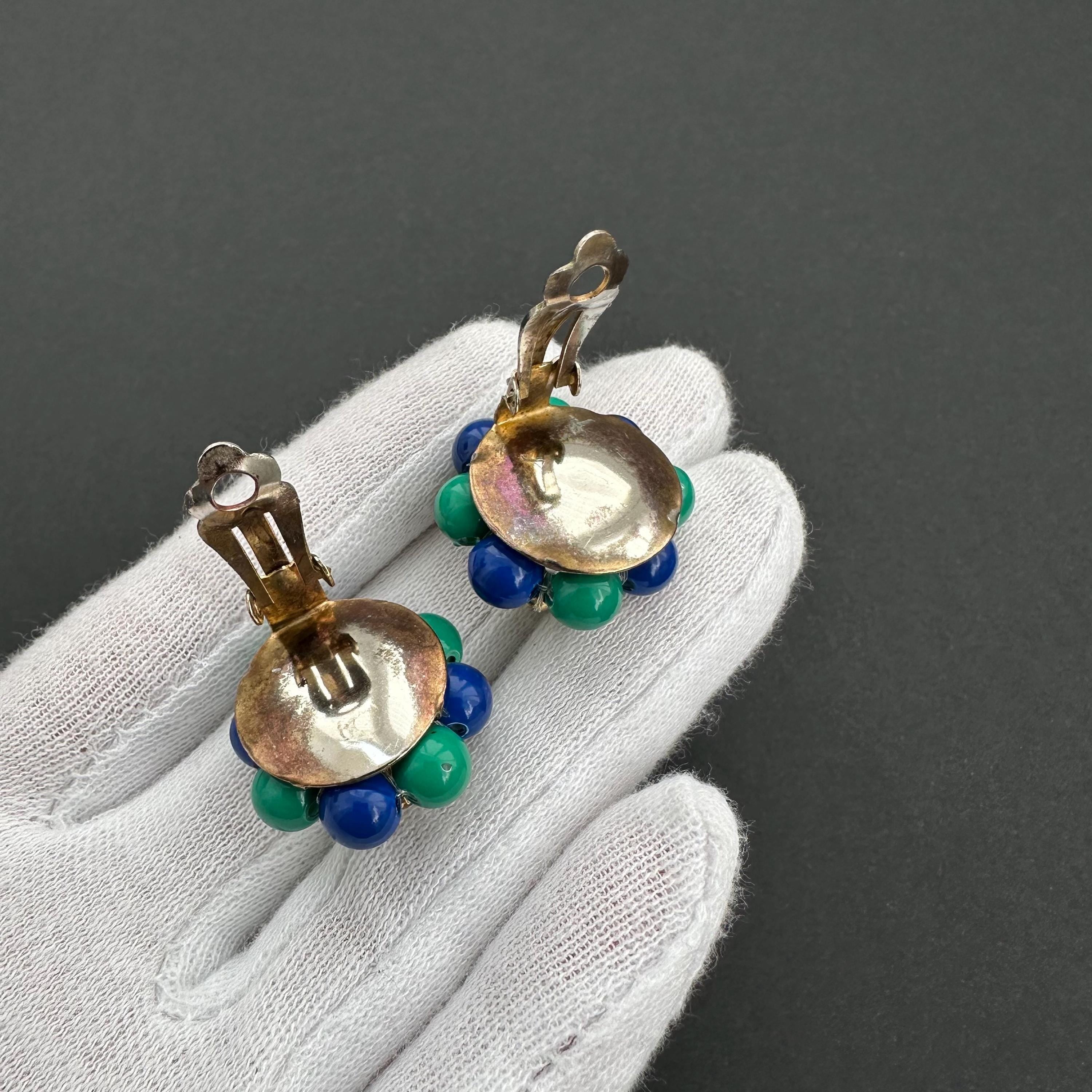 Vintage blue & green bead flower clip-on earrings