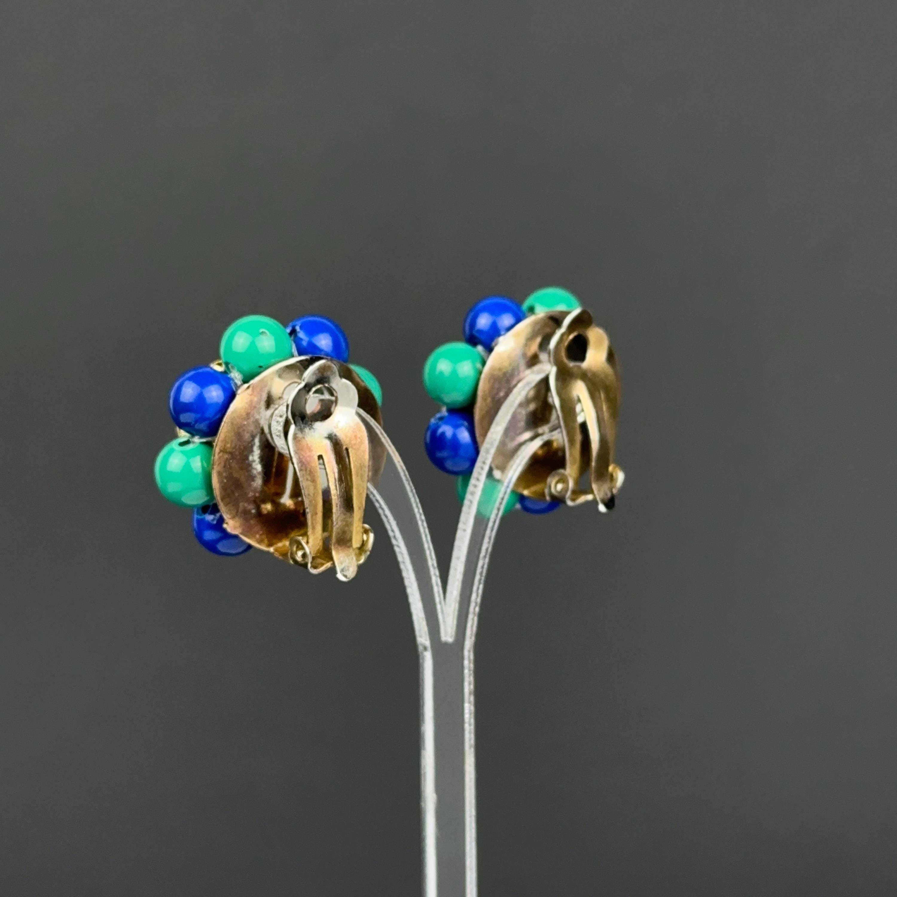 Vintage blue & green bead flower clip-on earrings