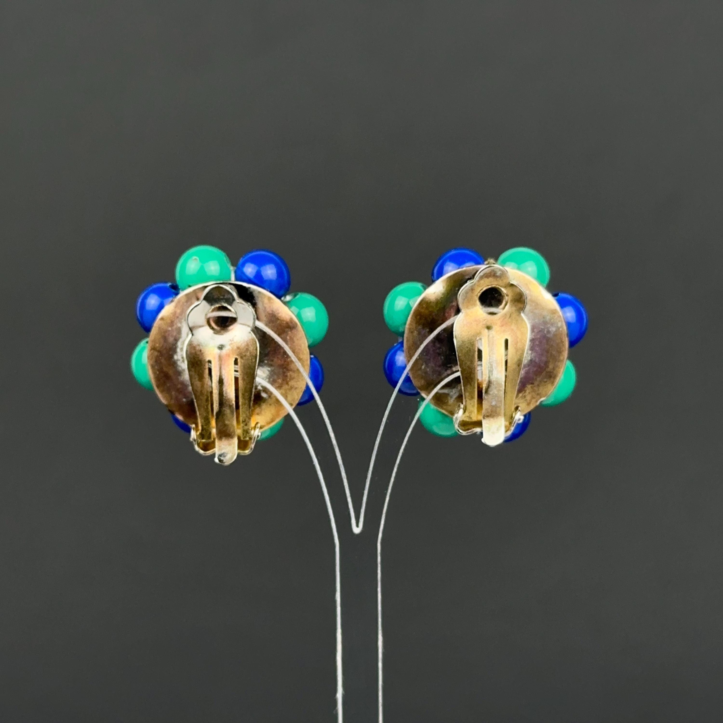 Vintage blue & green bead flower clip-on earrings